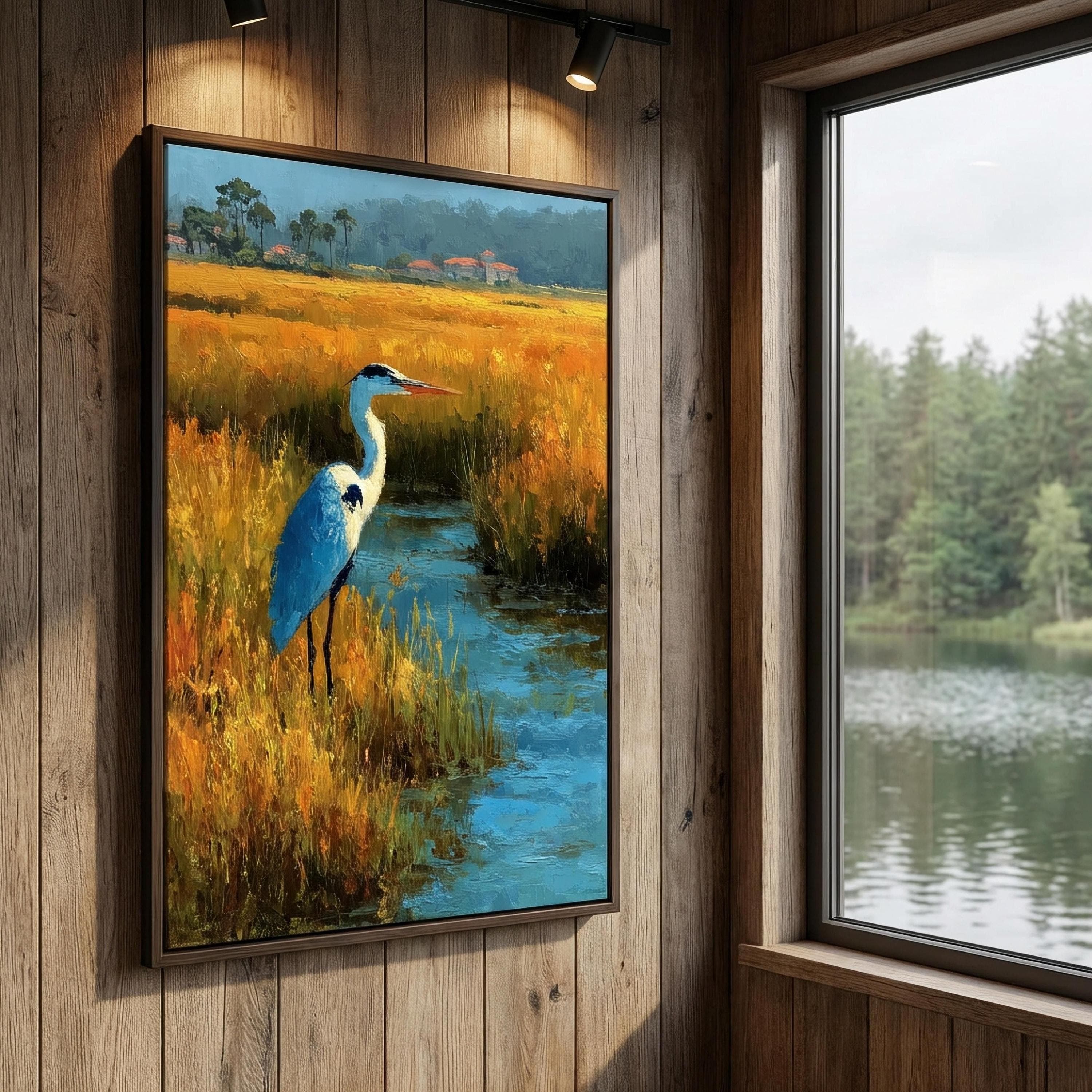 Blue Heron Coastal Marsh Art Print, Carolina Lowcountry Decor