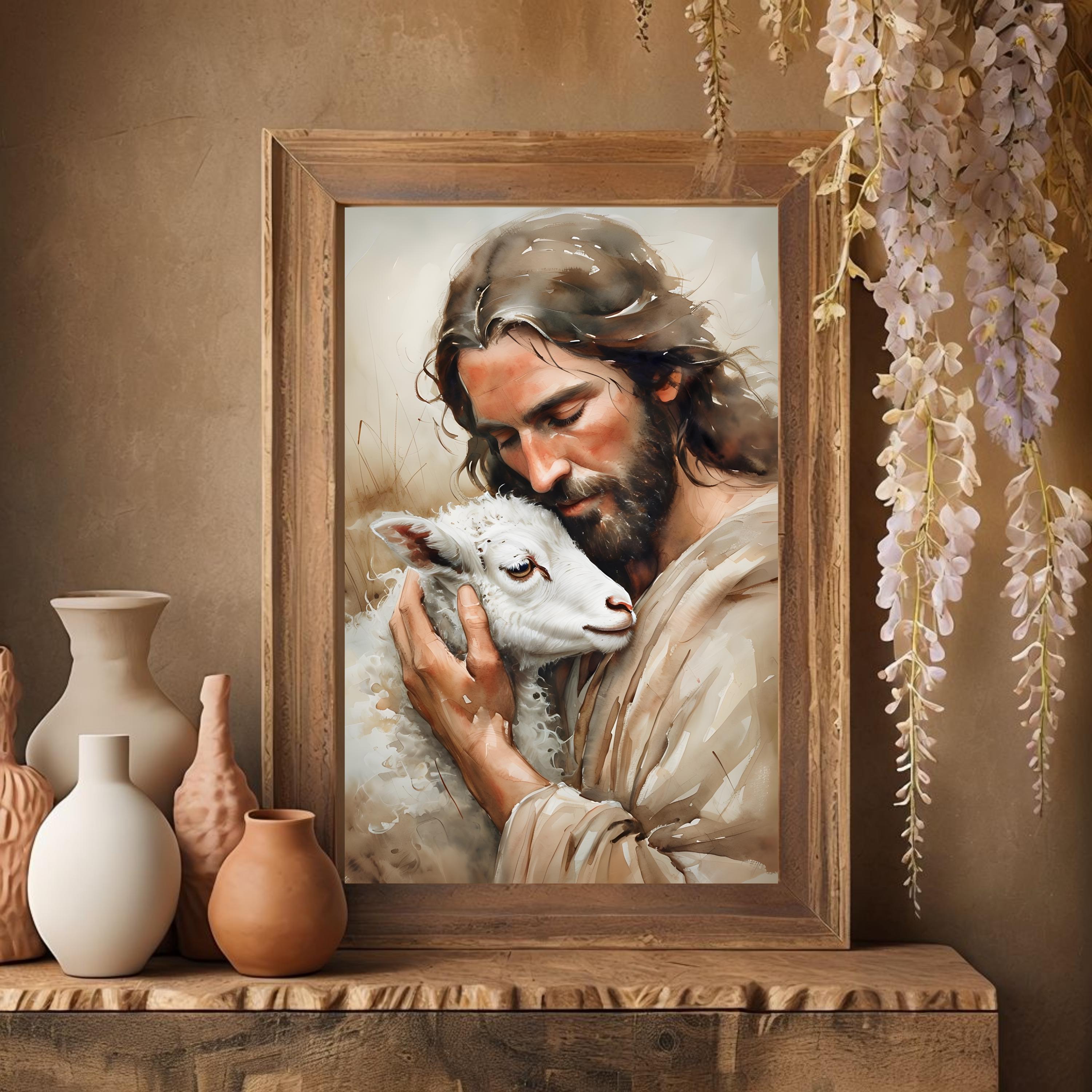 Good Shepherd Watercolor Print: Jesus and Lamb, Christian Easter Decor