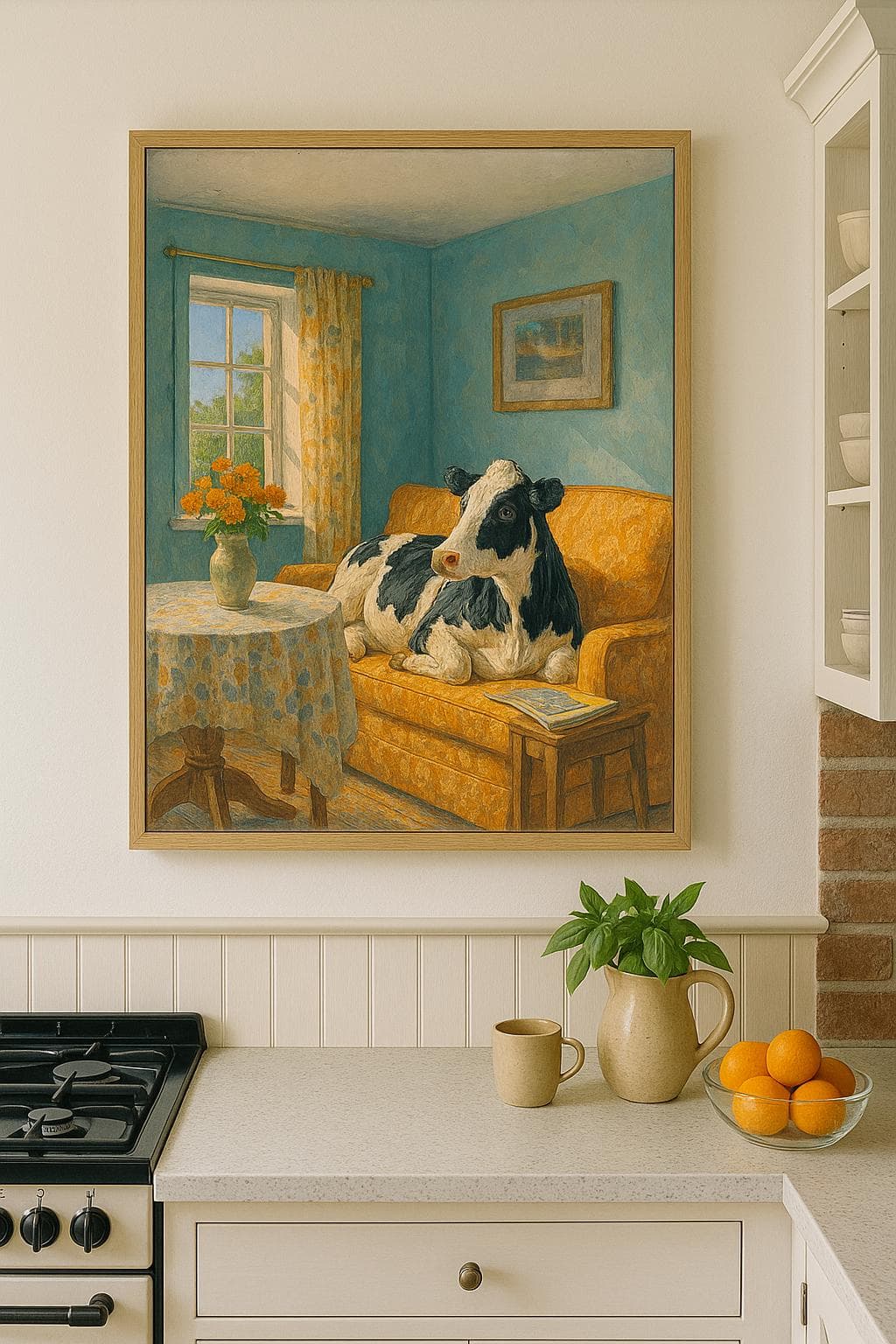 Whimsical Cow Art Print • Sunlit Parlor, Farmhouse Style (Giclée Print)