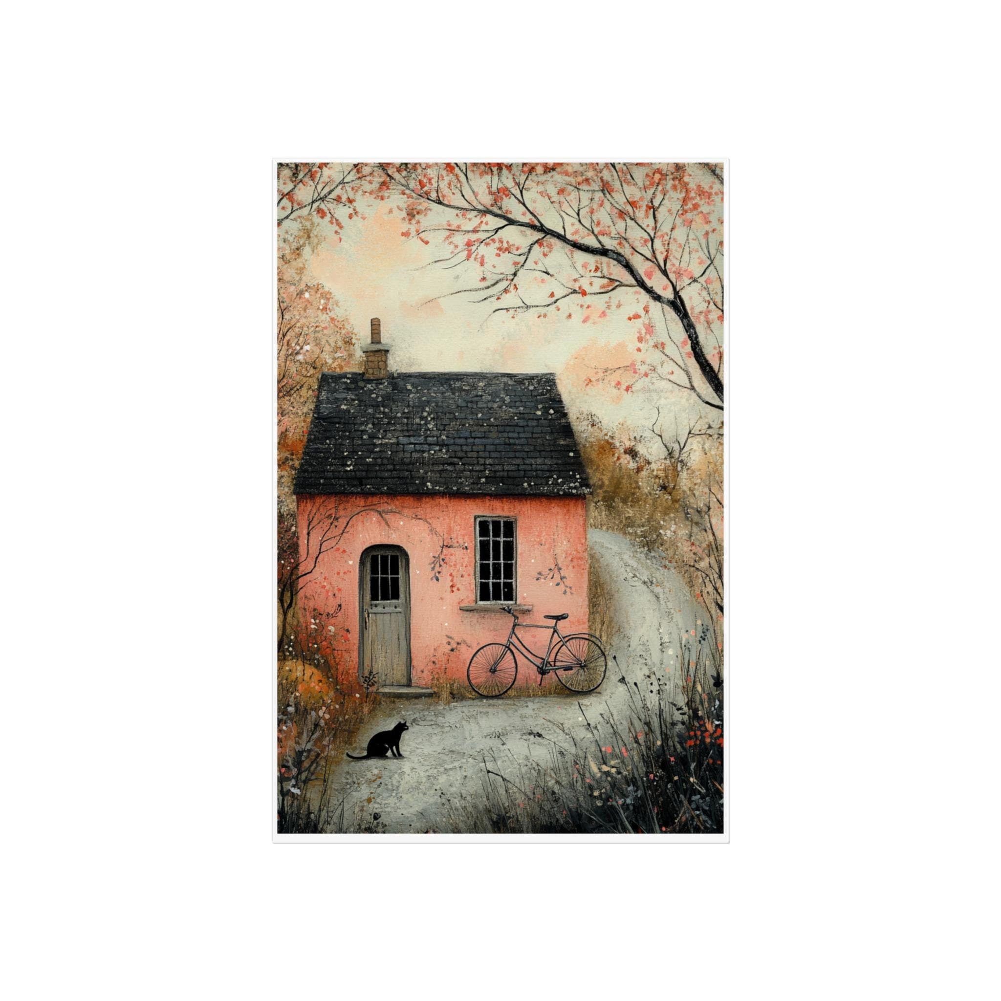Pink Cottage Art Print: Whimsical Fairy Tale House with Black Cat