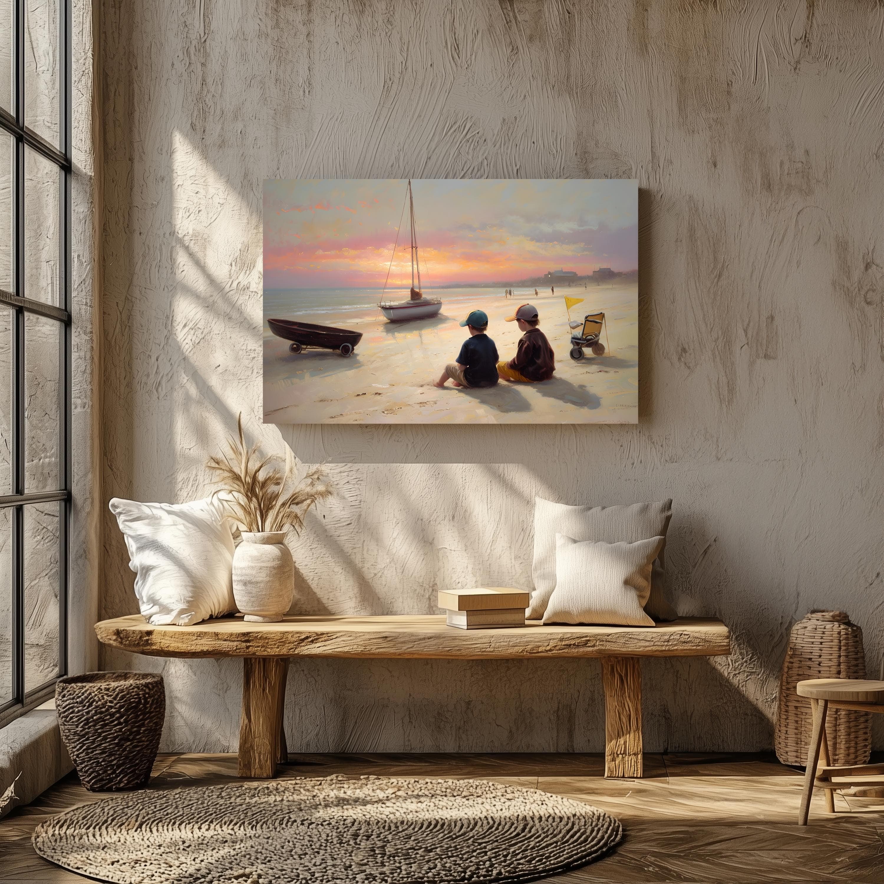 Beach Sunset Watercolor Art Print: Two Boys, Coastal Nursery Decor - image 5
