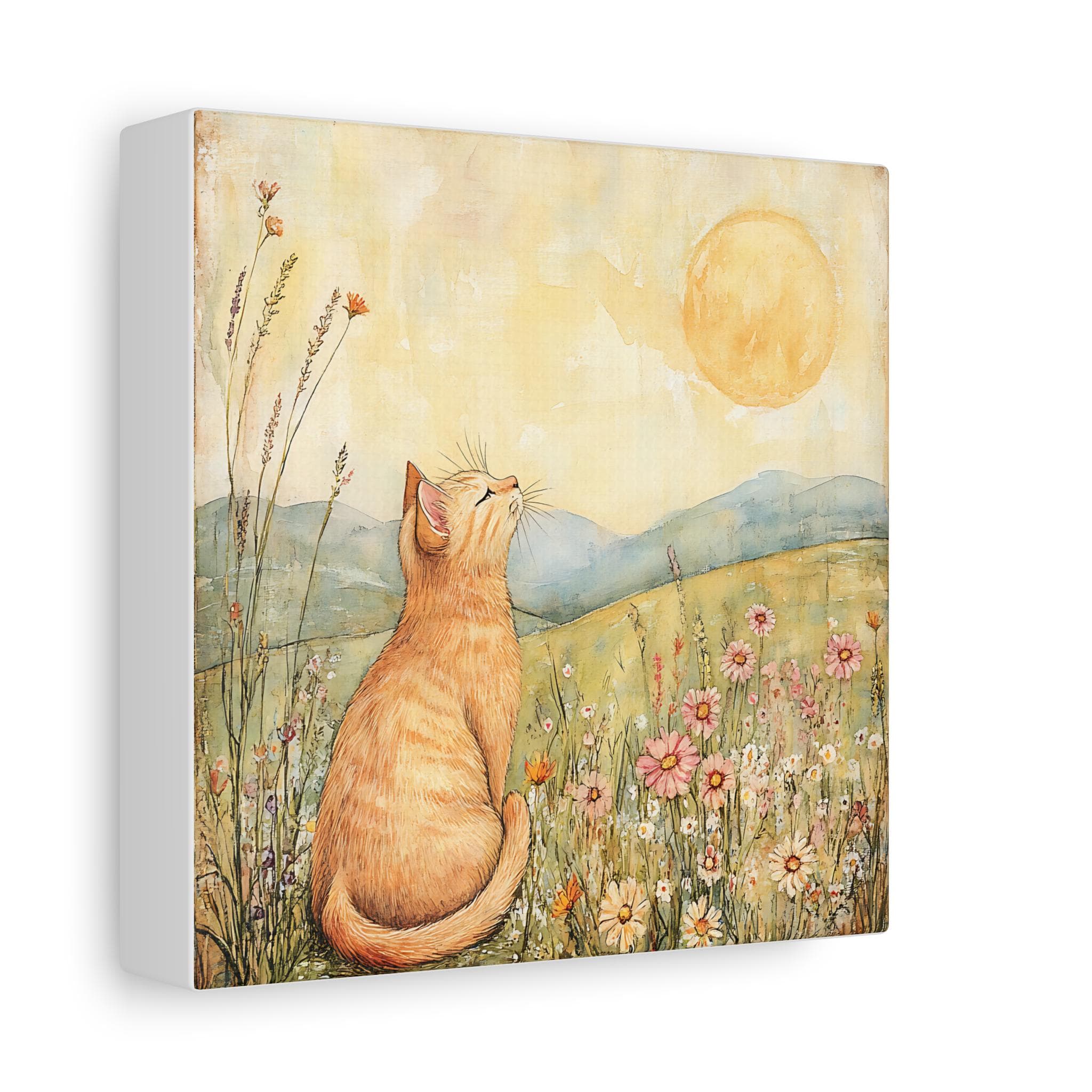 Cat in Wildflower Meadow Canvas Art: Nursery Illustration