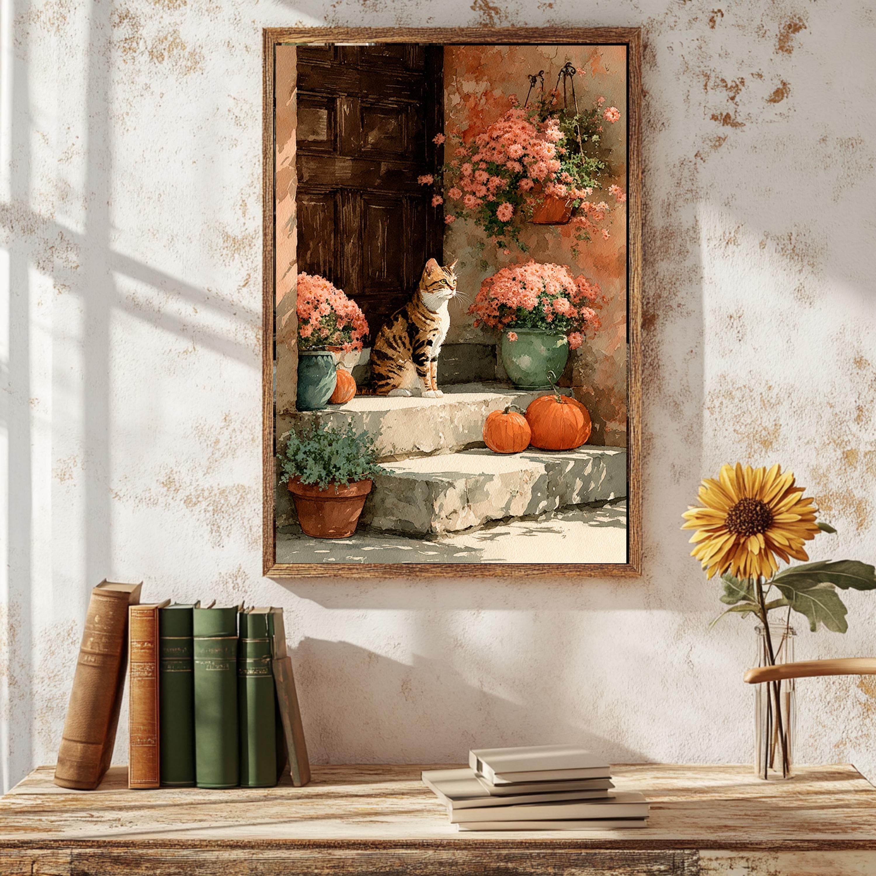 Tabby Cat Autumn Porch Canvas Art: Rustic Farmhouse Fall Decor - image 3