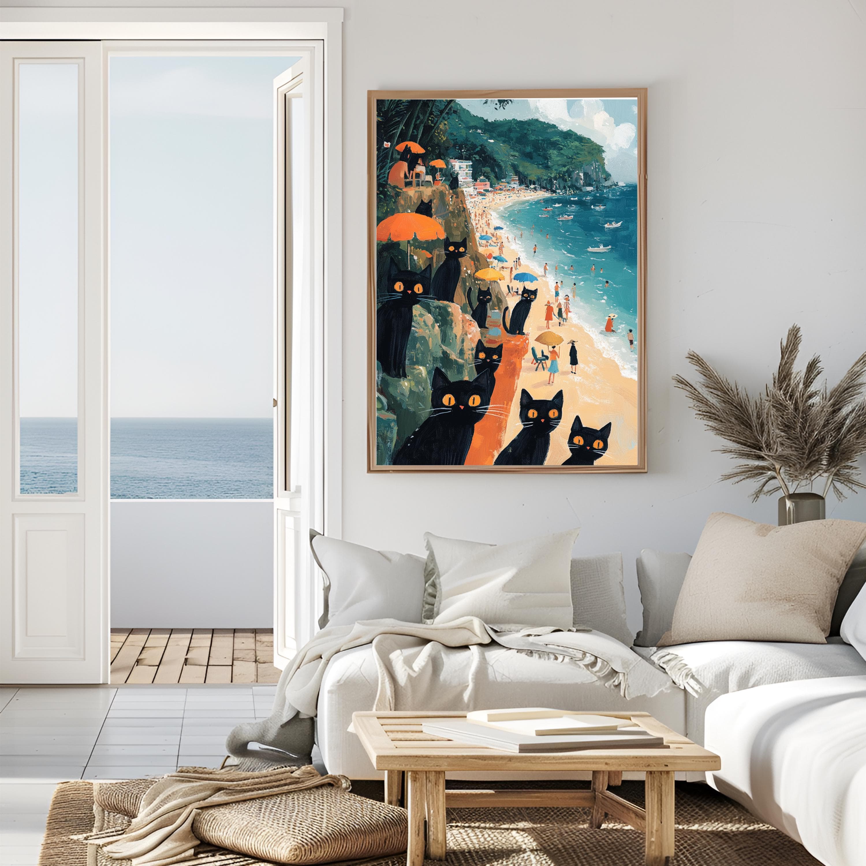 Vintage Beach Scene Art Print: Naive Folk Art with Cats - image 5