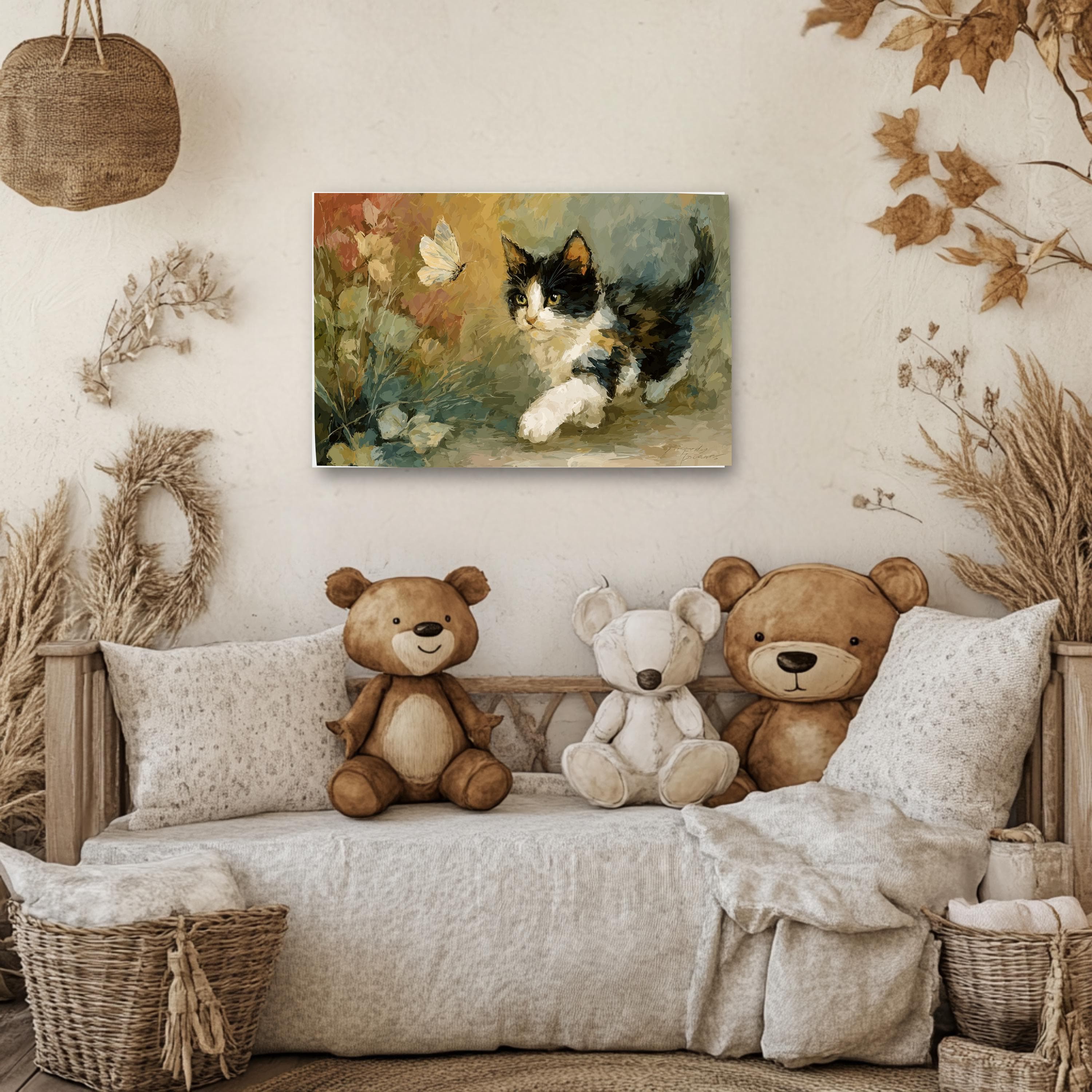 Playful Tuxedo Kitten Canvas Art: Autumn Floral, Vintage Style - image 4