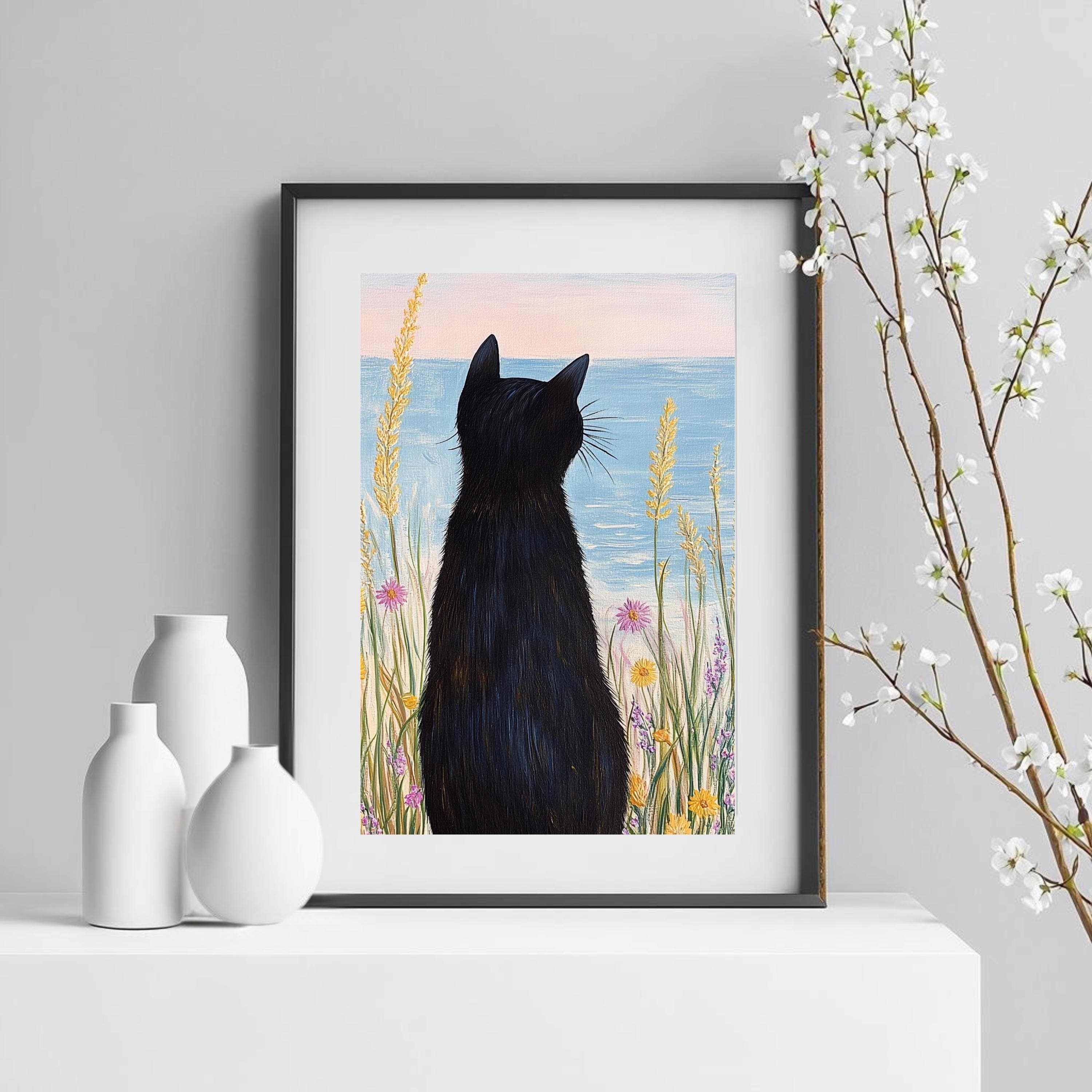 Coastal Black Cat Art Print: Beach House Watercolor Painting - image 5