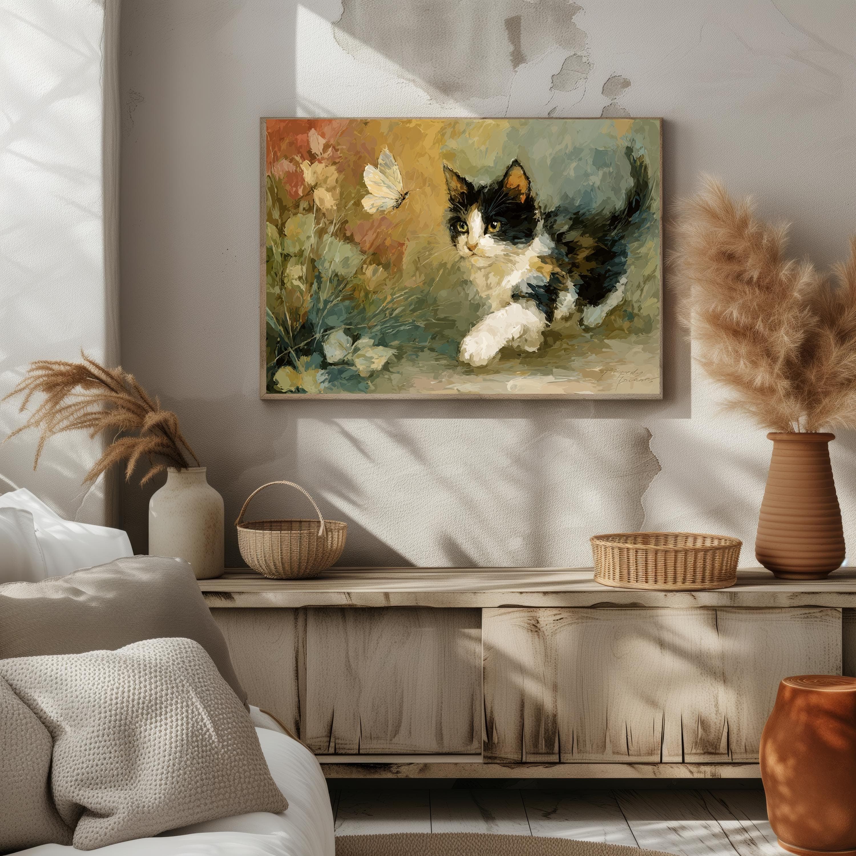 Playful Tuxedo Kitten Canvas Art: Autumn Floral, Vintage Style - image 5