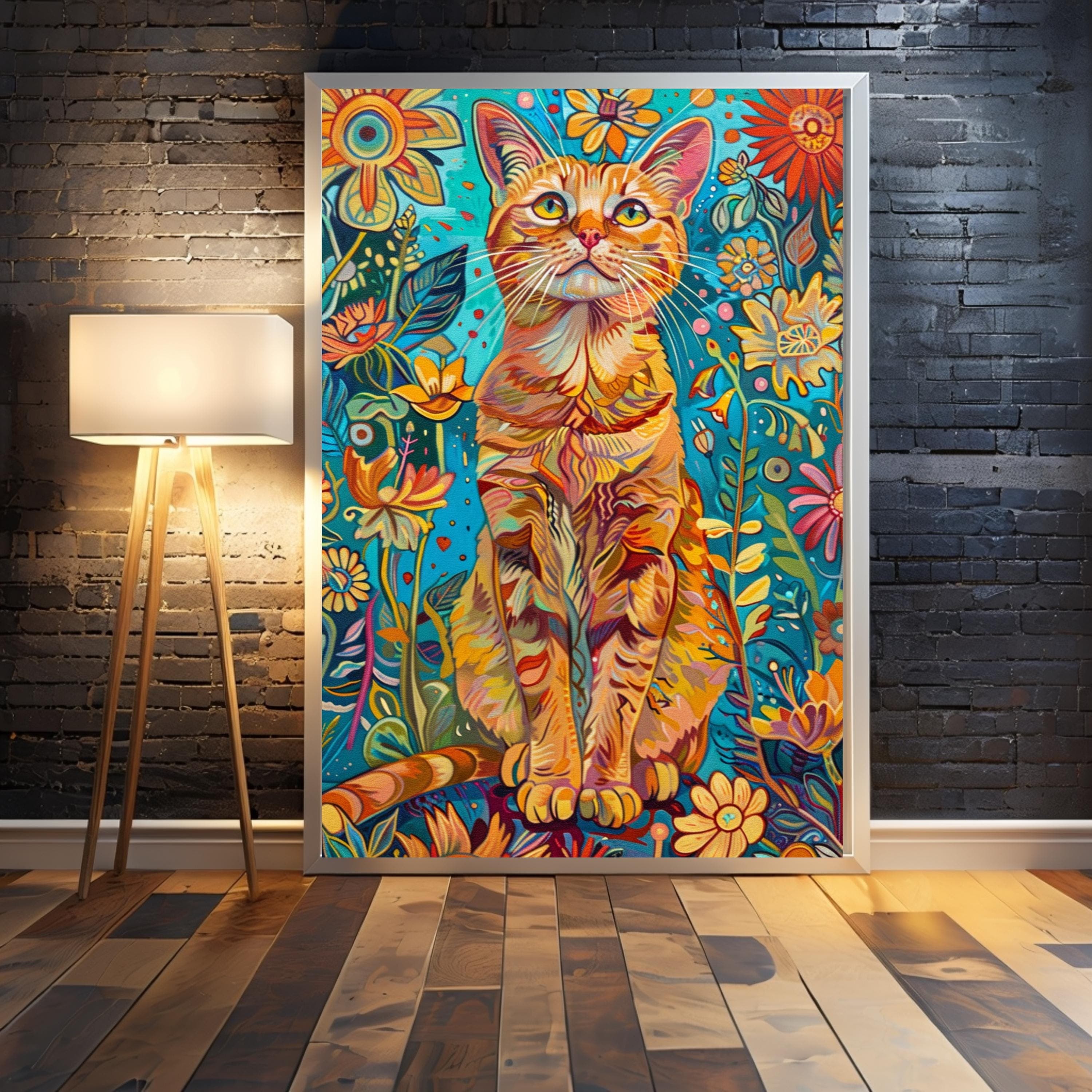 Van Gogh Cat Art Print: 1970s Psychedelic Feline Floral Boho Wall Decor
