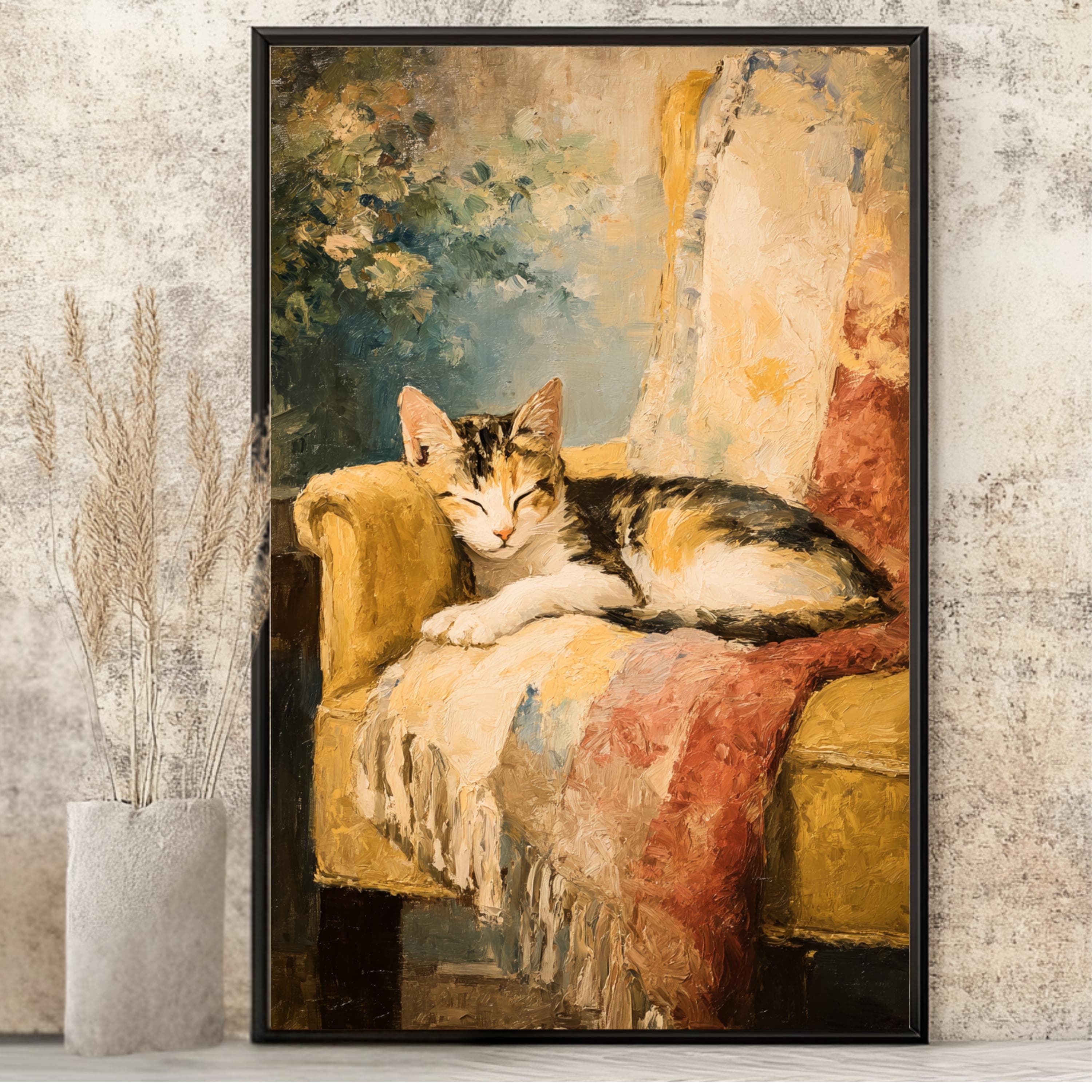 Calico Cat Art Print: Vintage Impasto Oil Painting, Cottagecore Decor