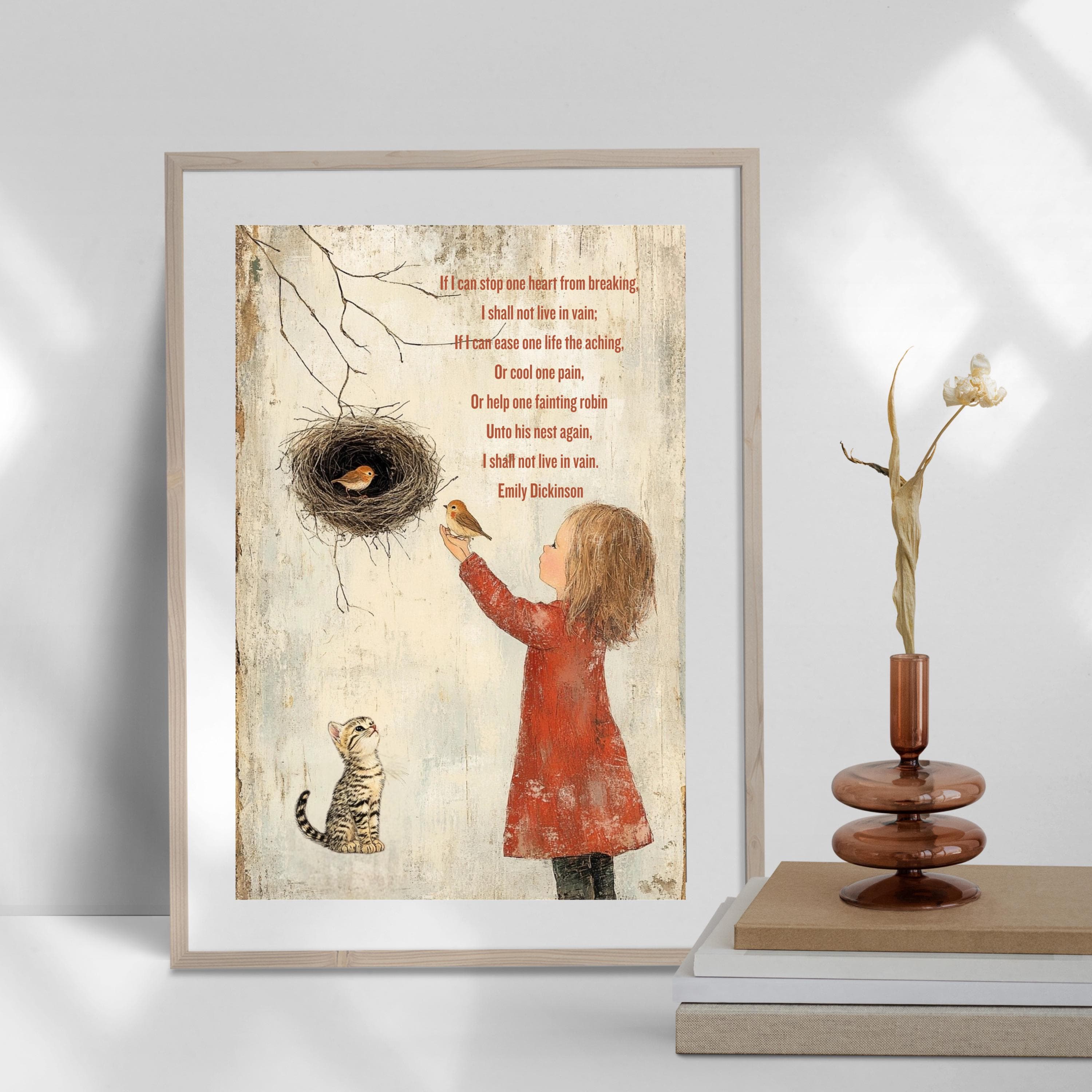 Emily Dickinson Quote Art Print: Whimsical Girl, Bird & Cat Poster - image 4