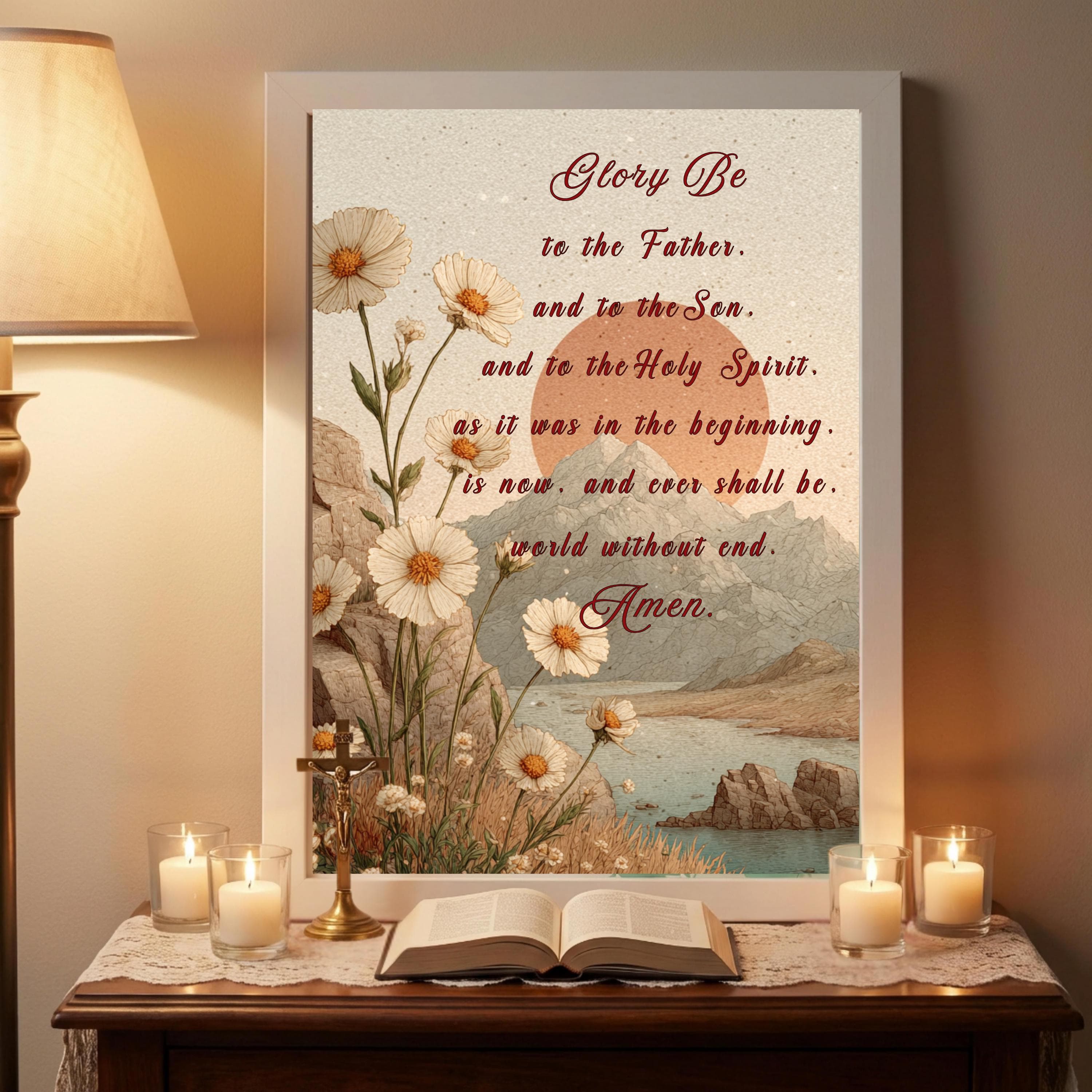 Glory Be Prayer Wall Art, Catholic Sunrise Landscape, Scripture Print, Neutral Faith Decor
