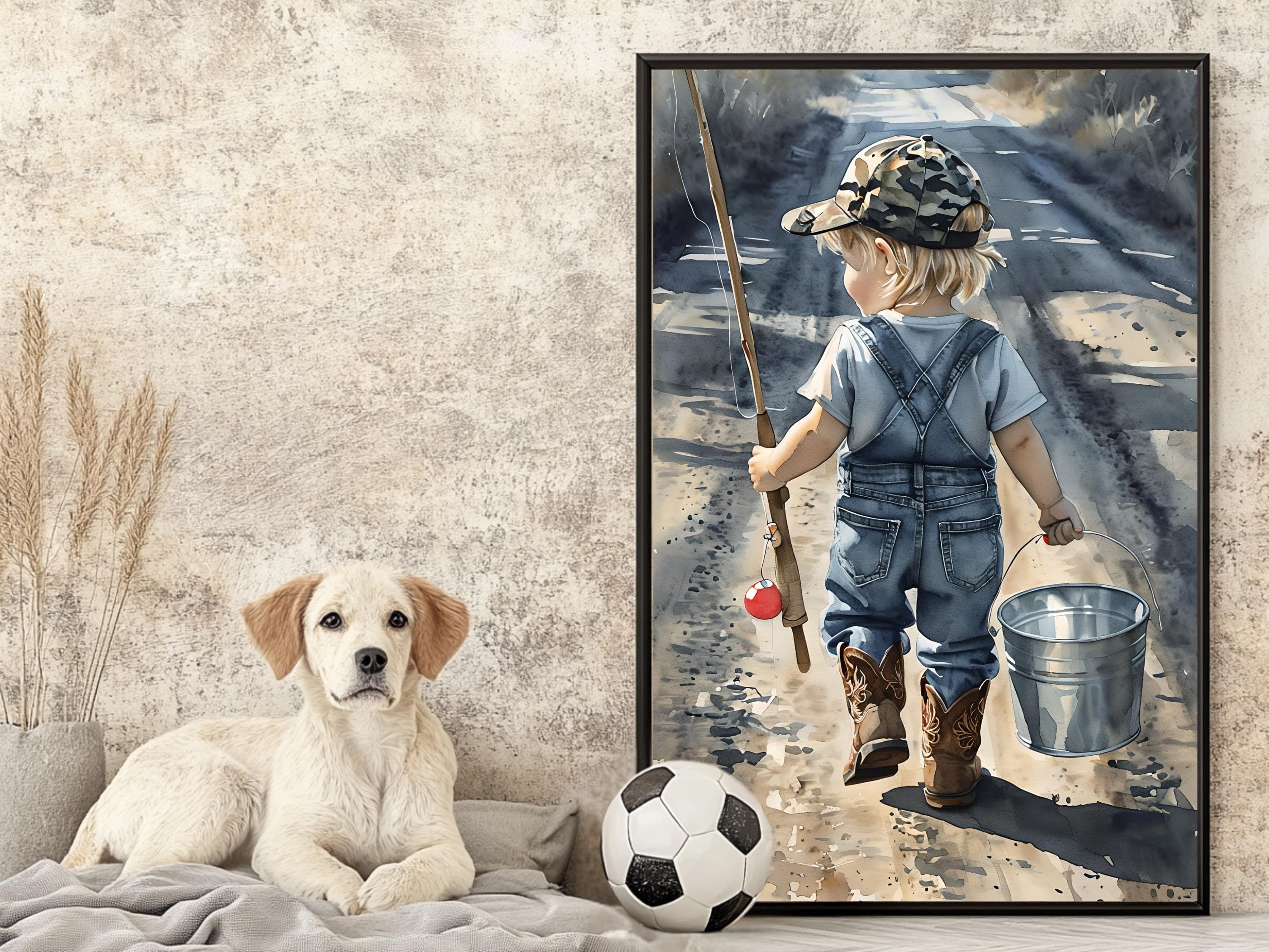 Boy Fishing Watercolor Print: Rustic Country Nursery Art - image 5