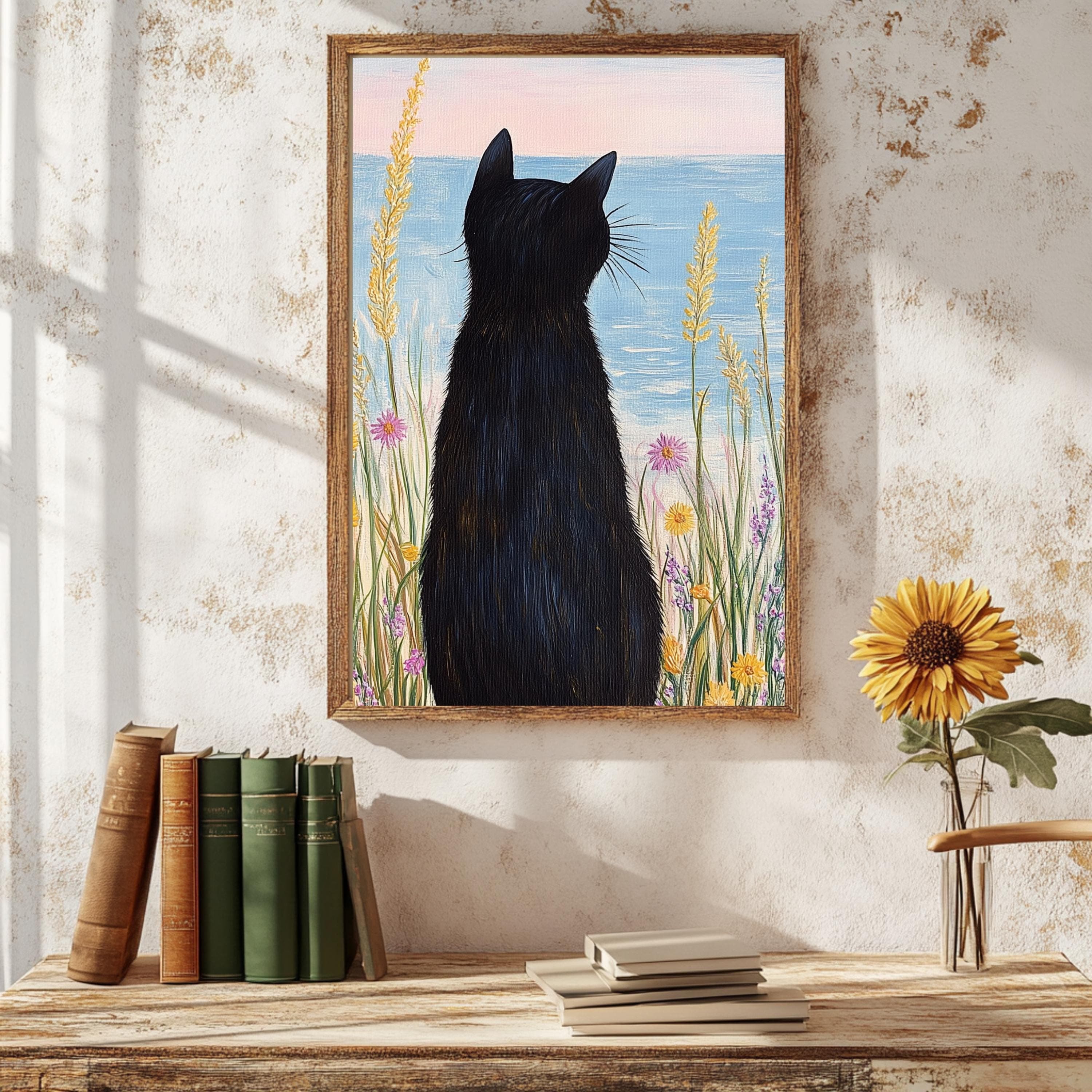 Coastal Black Cat Art Print: Beach House Watercolor Painting - image 3