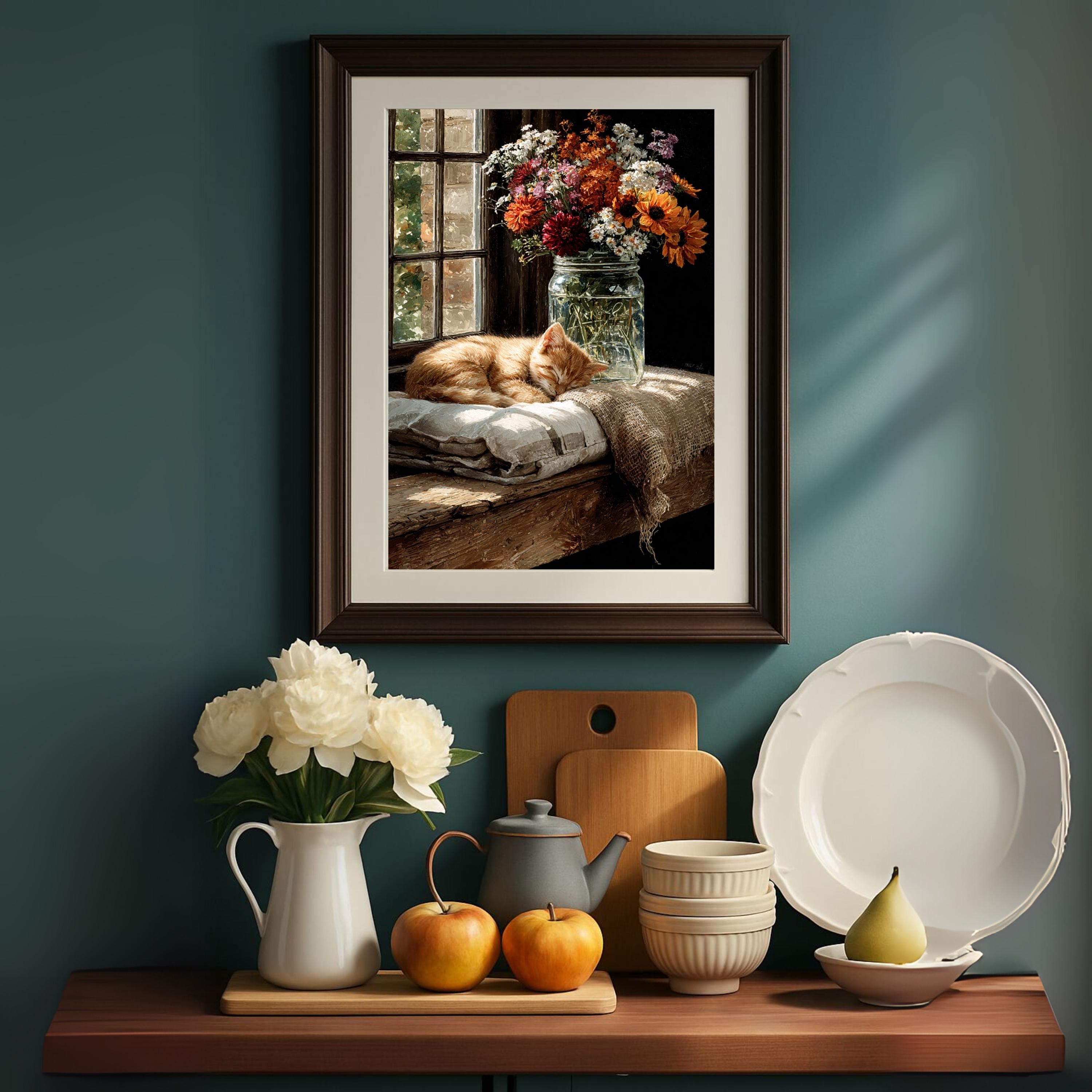 Sleepy Kitten Fall Print: Rustic Farmhouse Still Life Wall Art - image 3
