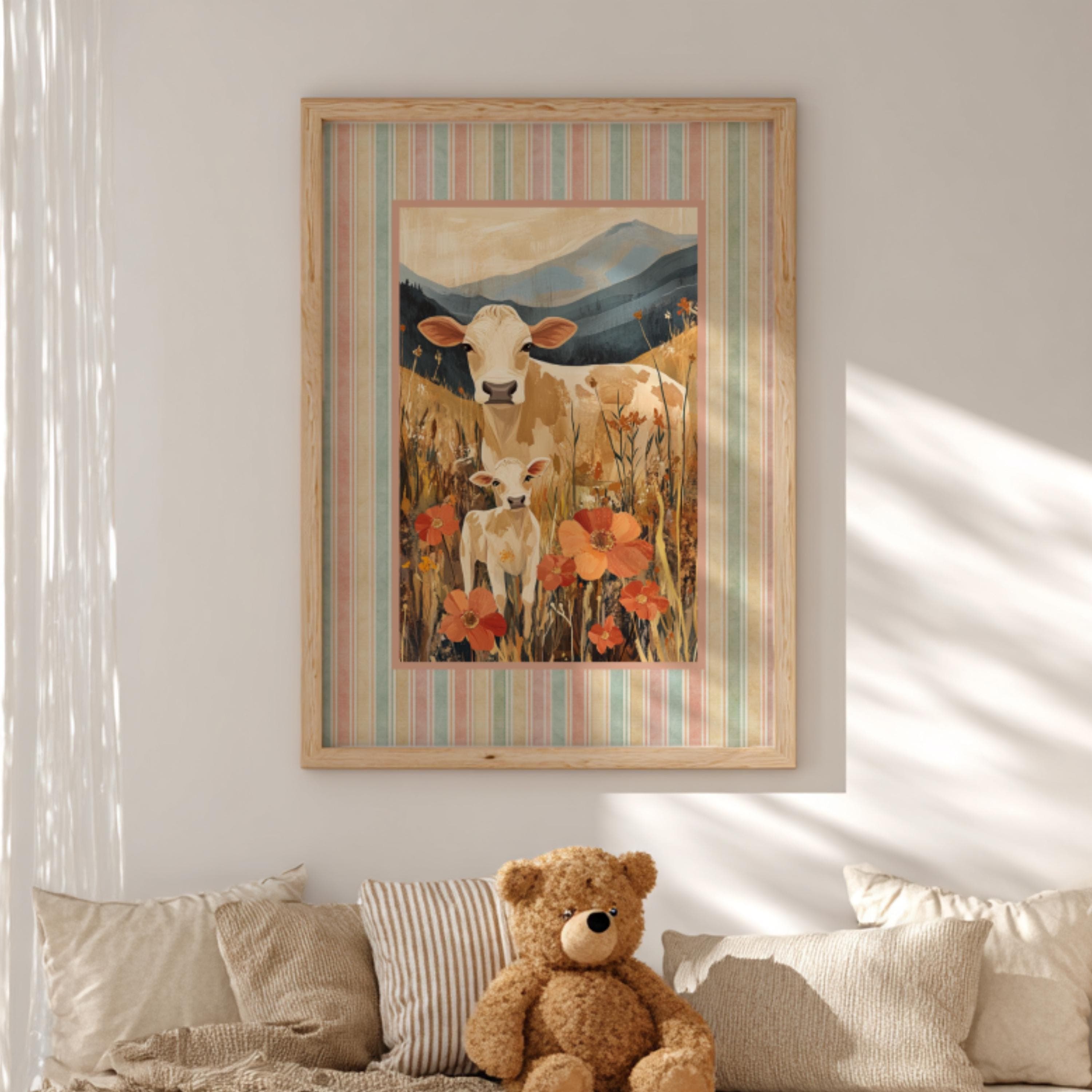 Mama Cow Calf Wildflower Art Print | Farm Nursery Decor, Storybook Illustration - image 3