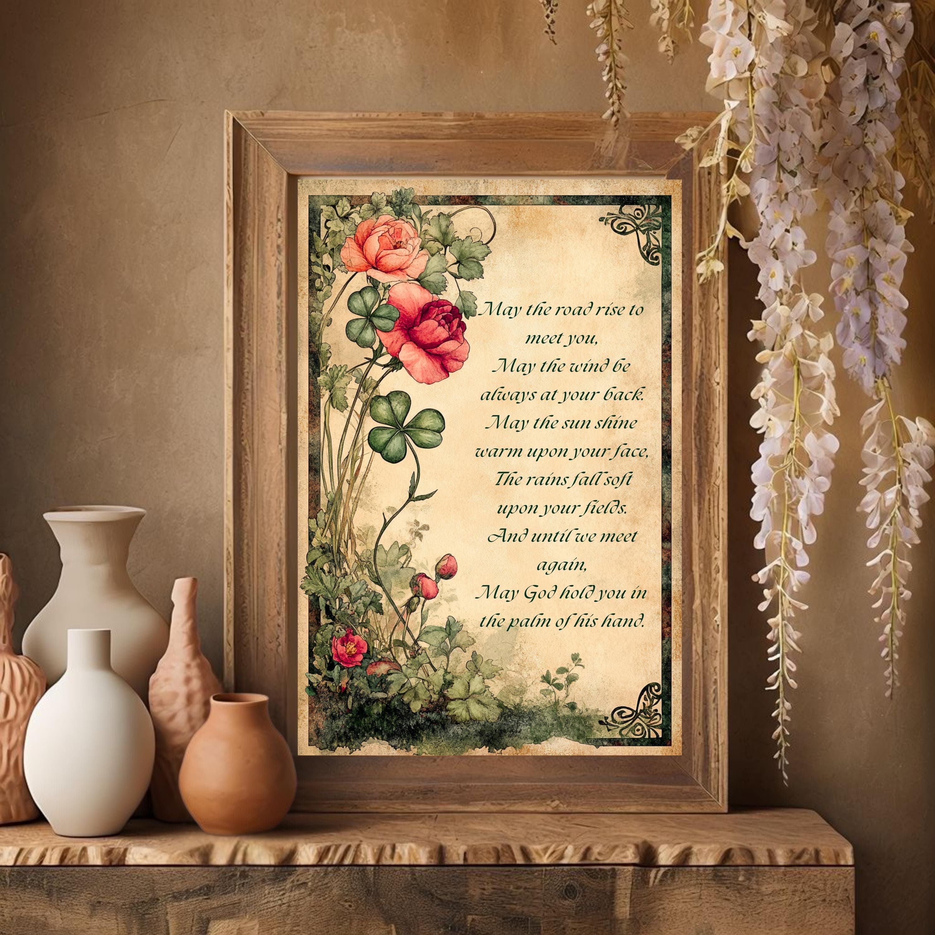 Irish Blessing Canvas Art: Roses & Shamrocks, Celtic Catholic Decor