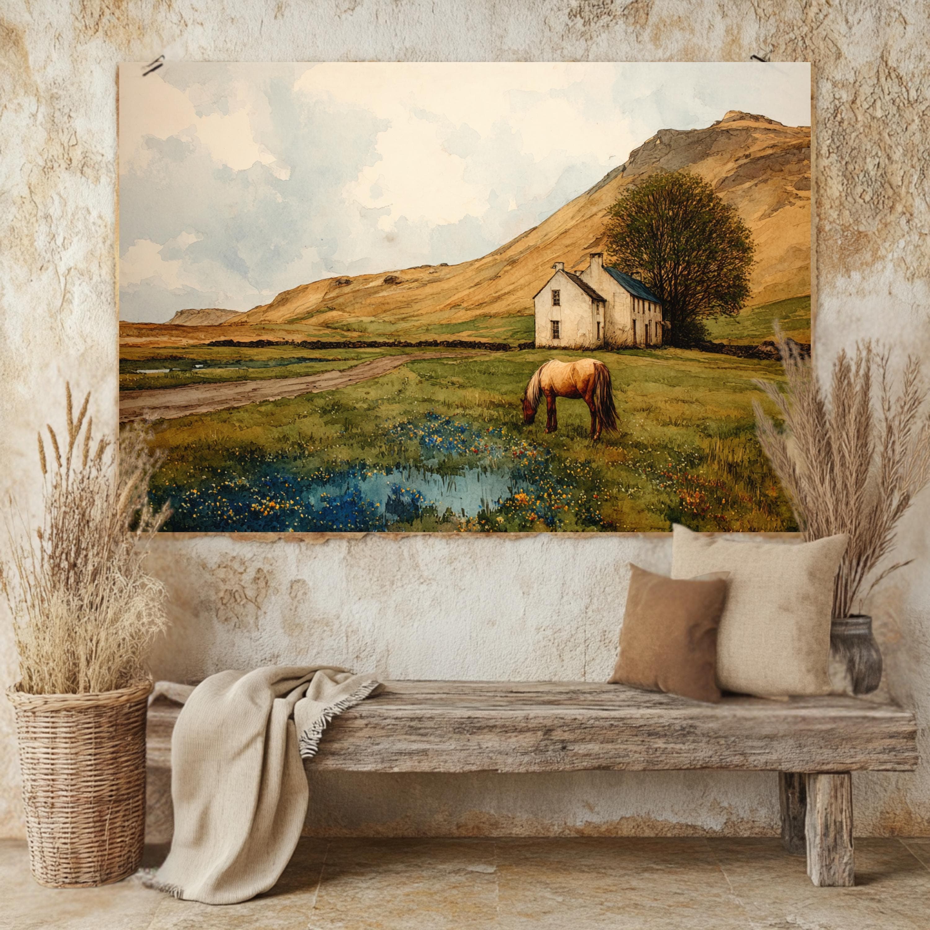 Horse Watercolor Landscape Print – Wildflowers & Farmhouse Wall Art, Western Country Poster, Large Rustic Decor