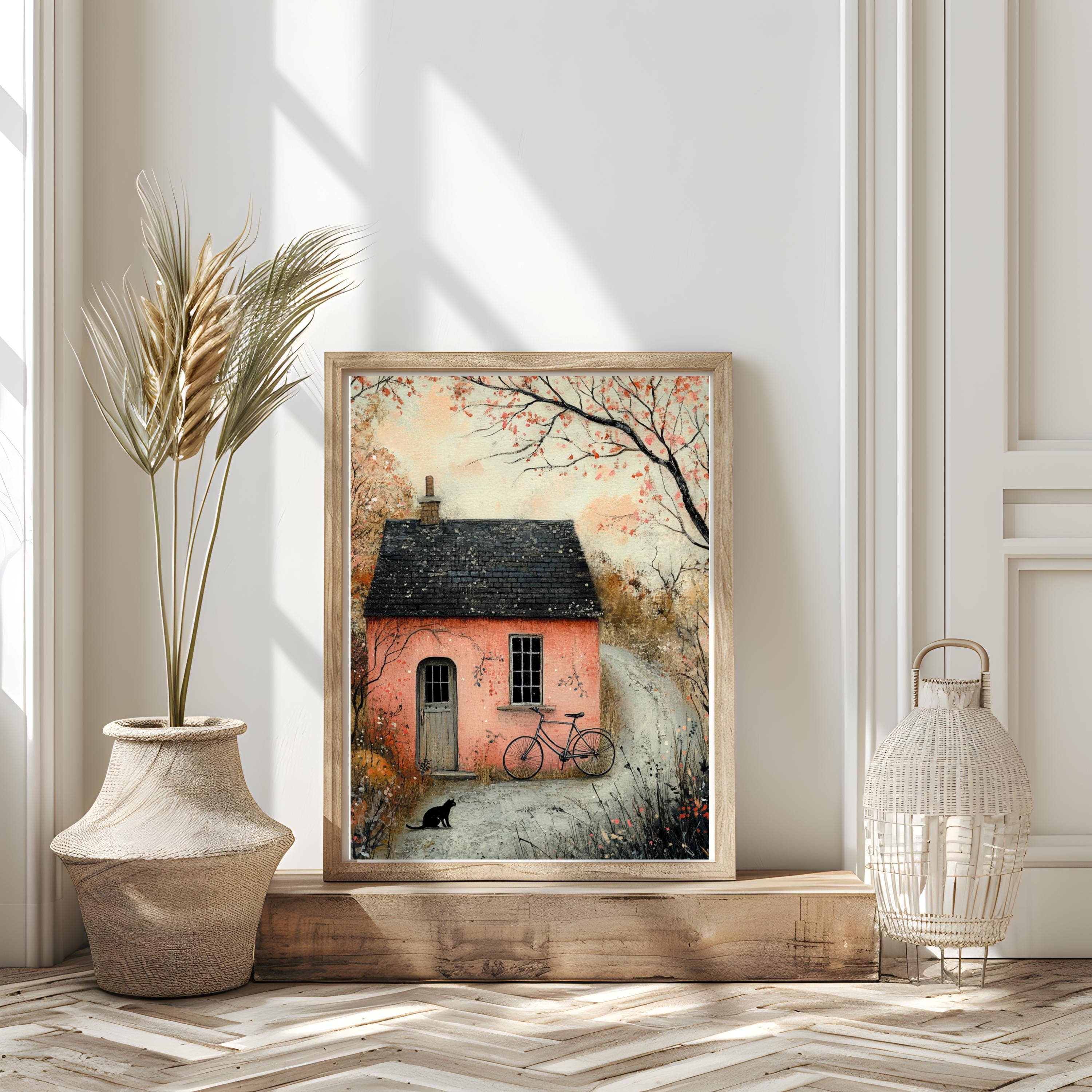 Pink Cottage Art Print: Whimsical Fairy Tale House with Black Cat - image 5