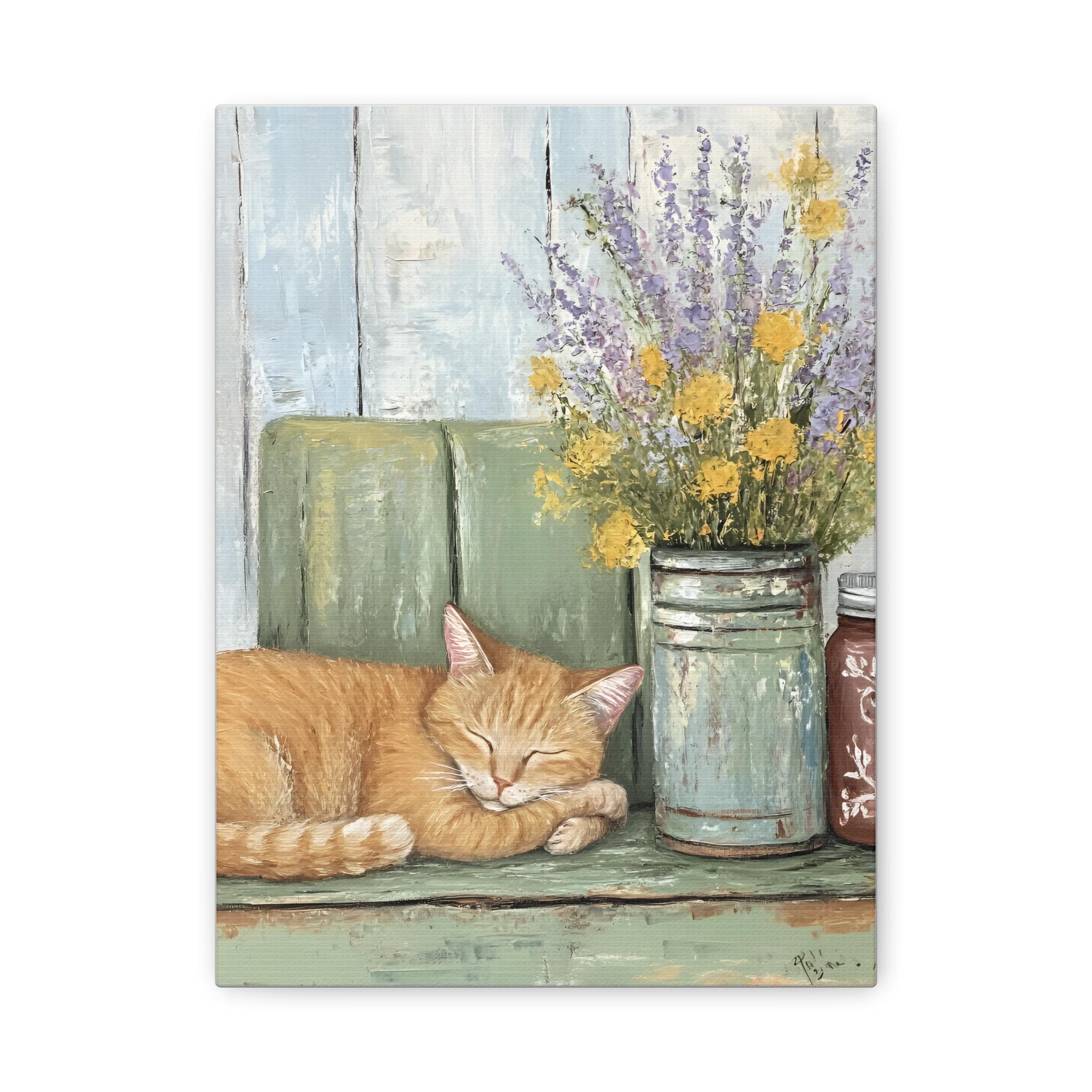 Ginger Cat Canvas Art: Watercolor Cat Napping with Flowers