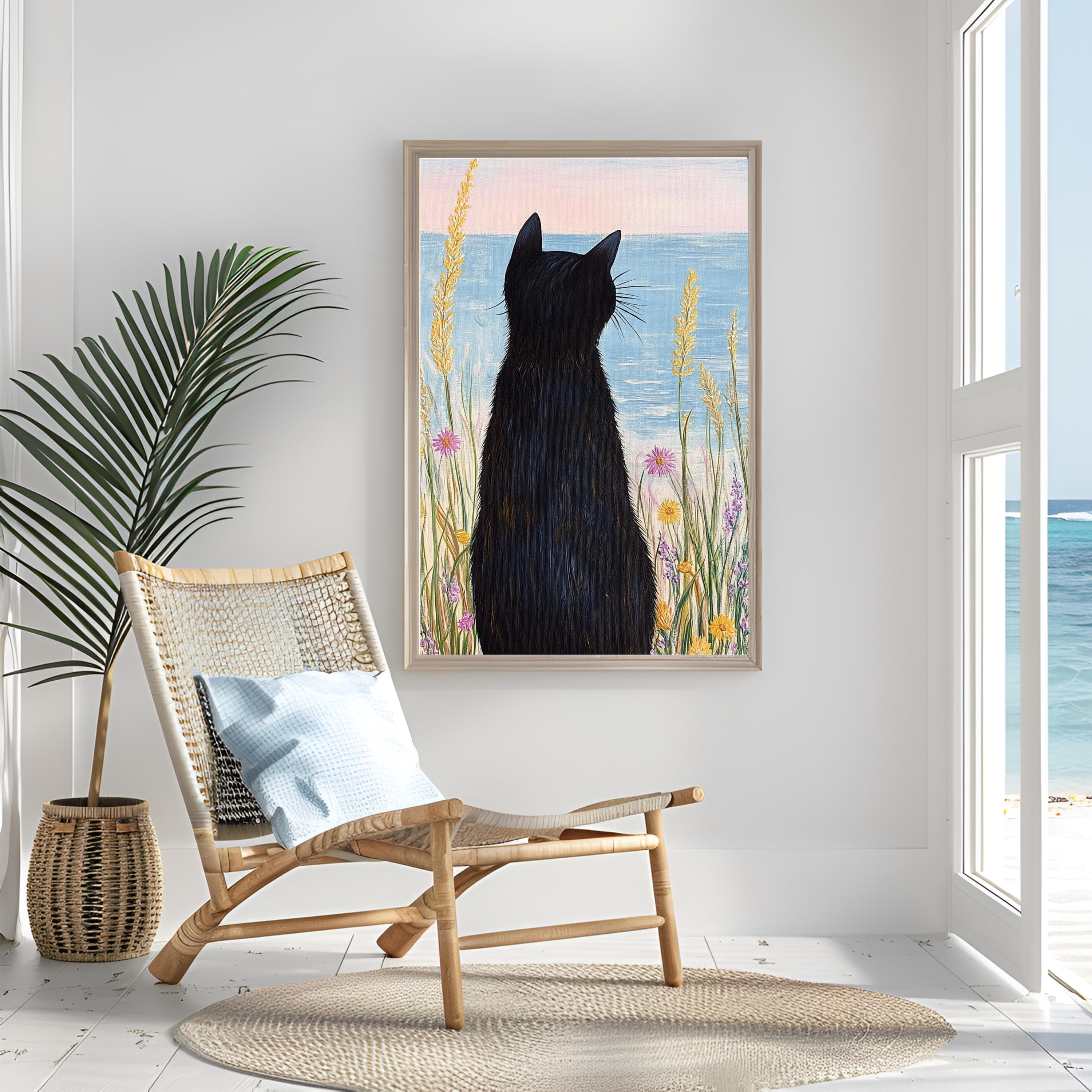 Coastal Black Cat Art Print: Beach House Watercolor Painting