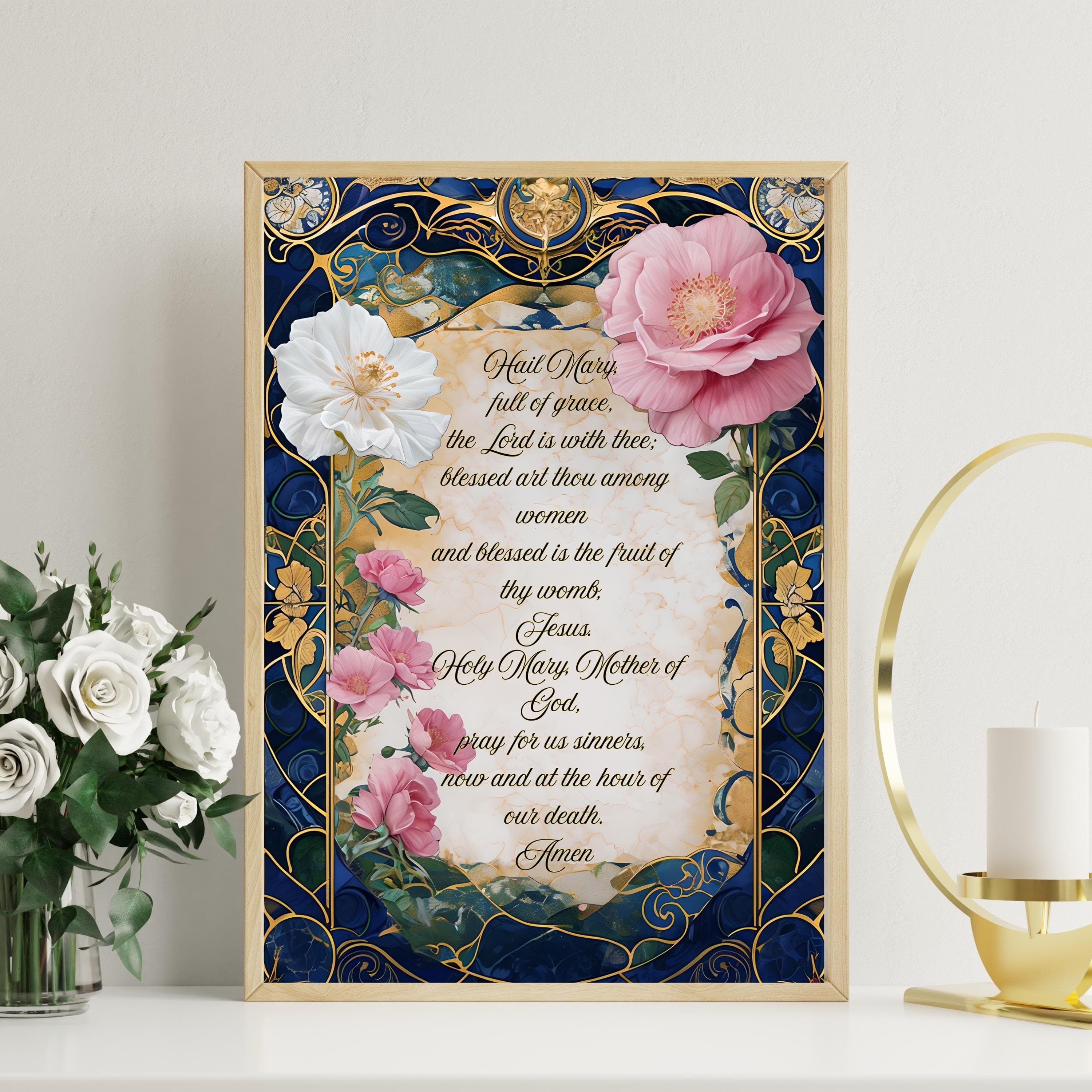 Hail Mary Floral Print: Catholic Home Decor, Fine Art Poster