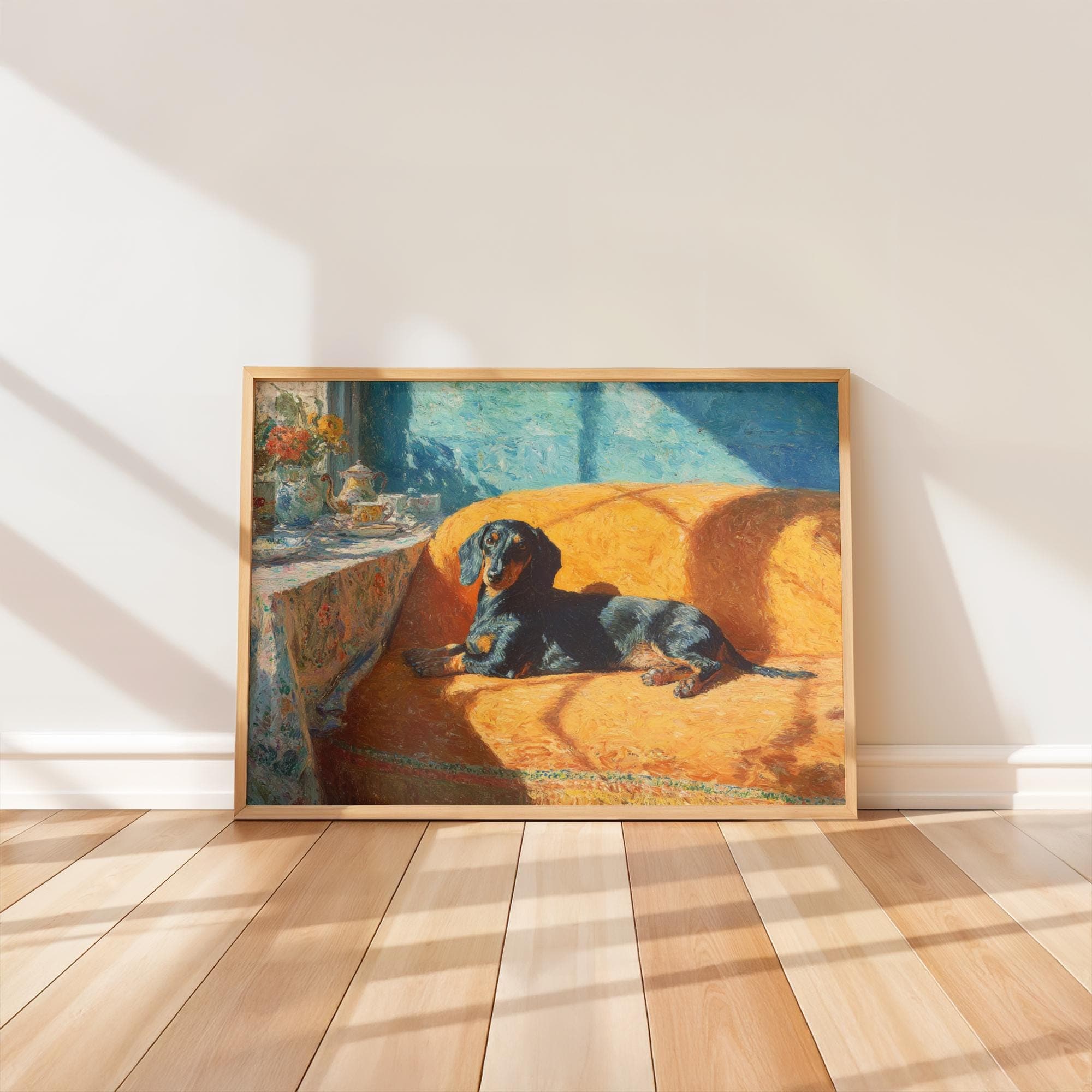 Dachshund Art Print | Sunny Morning, Orange Sofa, Canine Home Decor, Canine Companion Poster