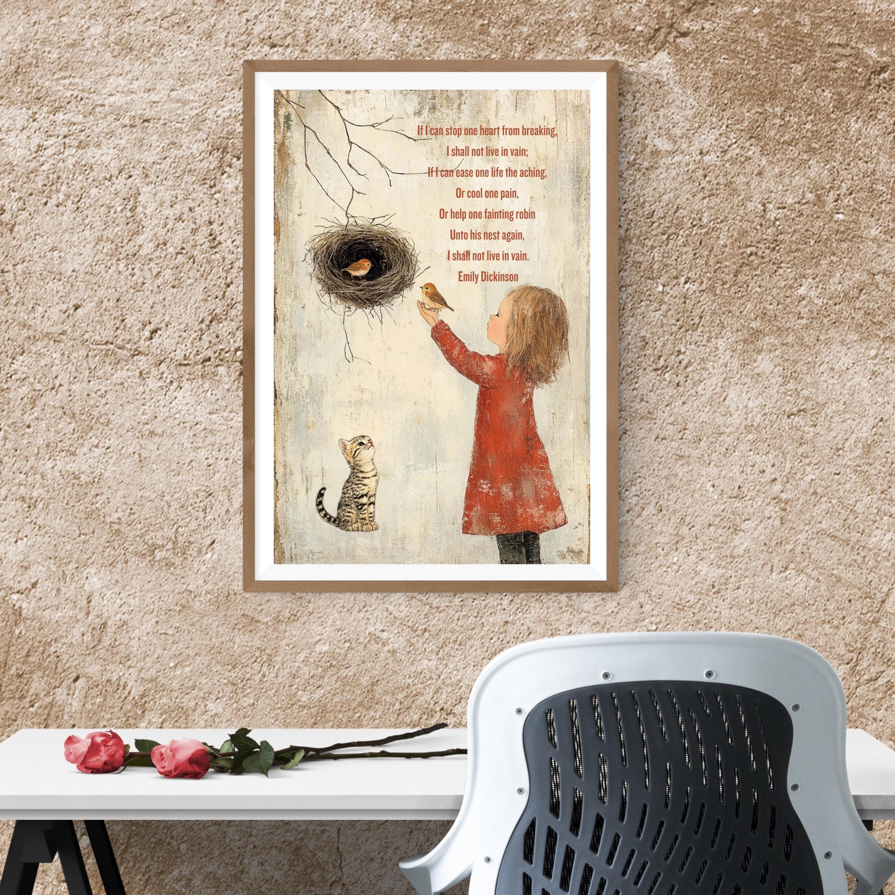 Emily Dickinson Quote Art Print: Whimsical Girl, Bird & Cat Poster