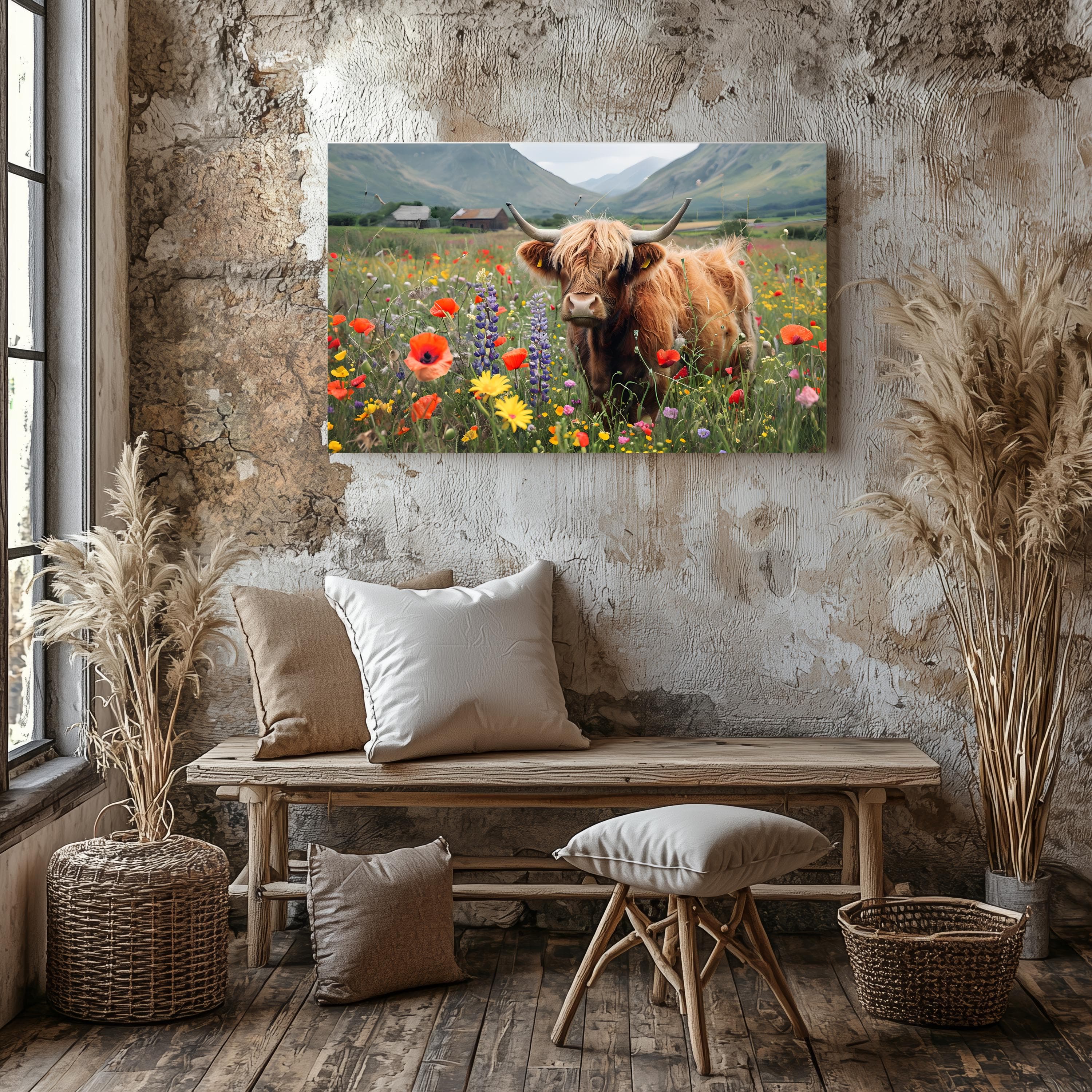 Highland Cow Watercolor Print: Rustic Farmhouse Wildflower Meadow - image 4