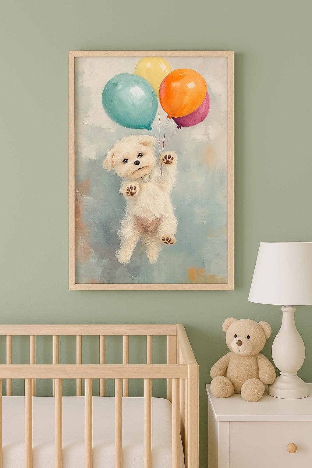 Floating Puppy with Balloons Fine Art Poster | Nursery Wall Art