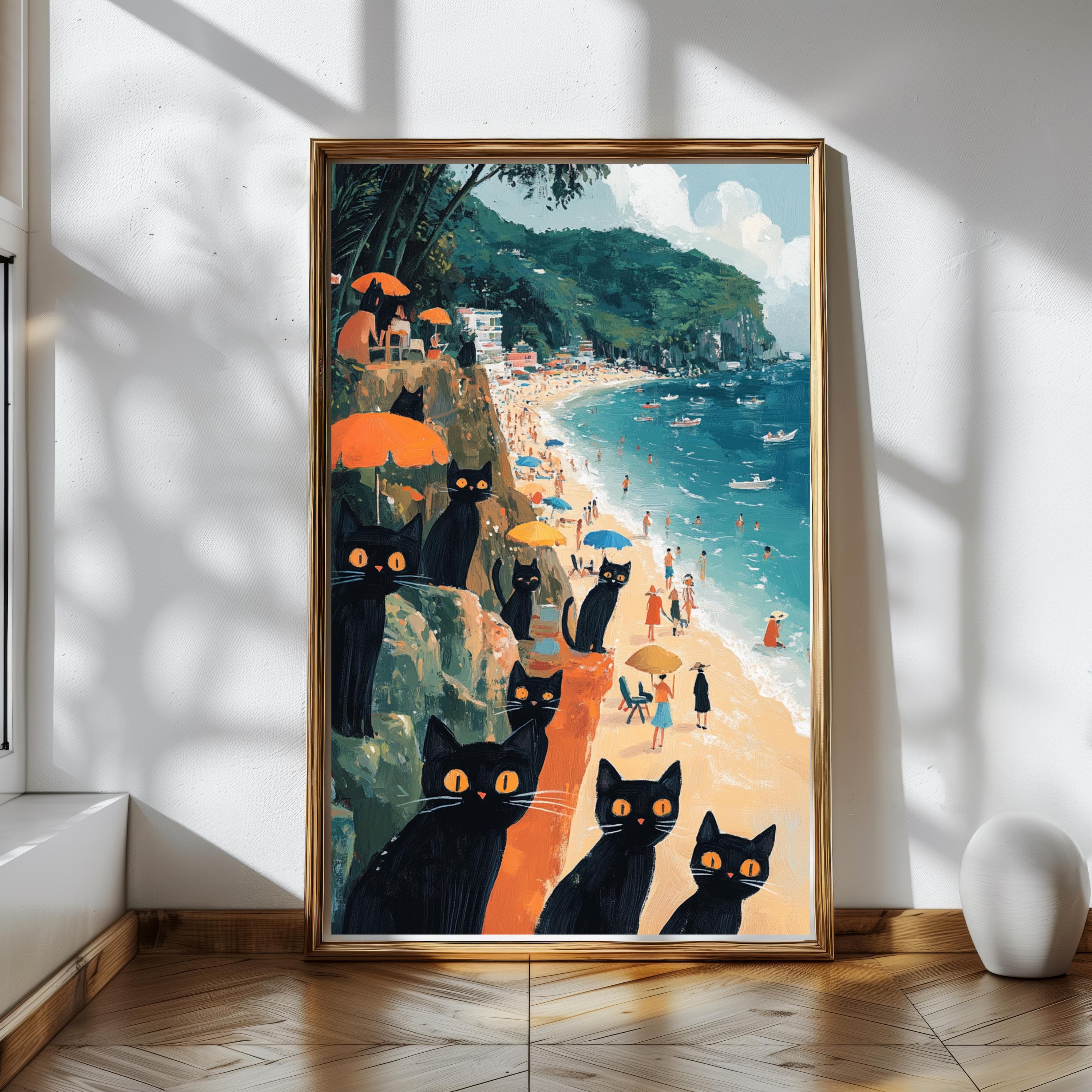Vintage Beach Scene Art Print: Naive Folk Art with Cats