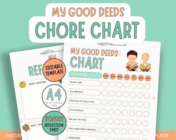 Islamic Kids Chore Chart: Salah & Good Deeds Tracker (Canva Template, PDF Printable)