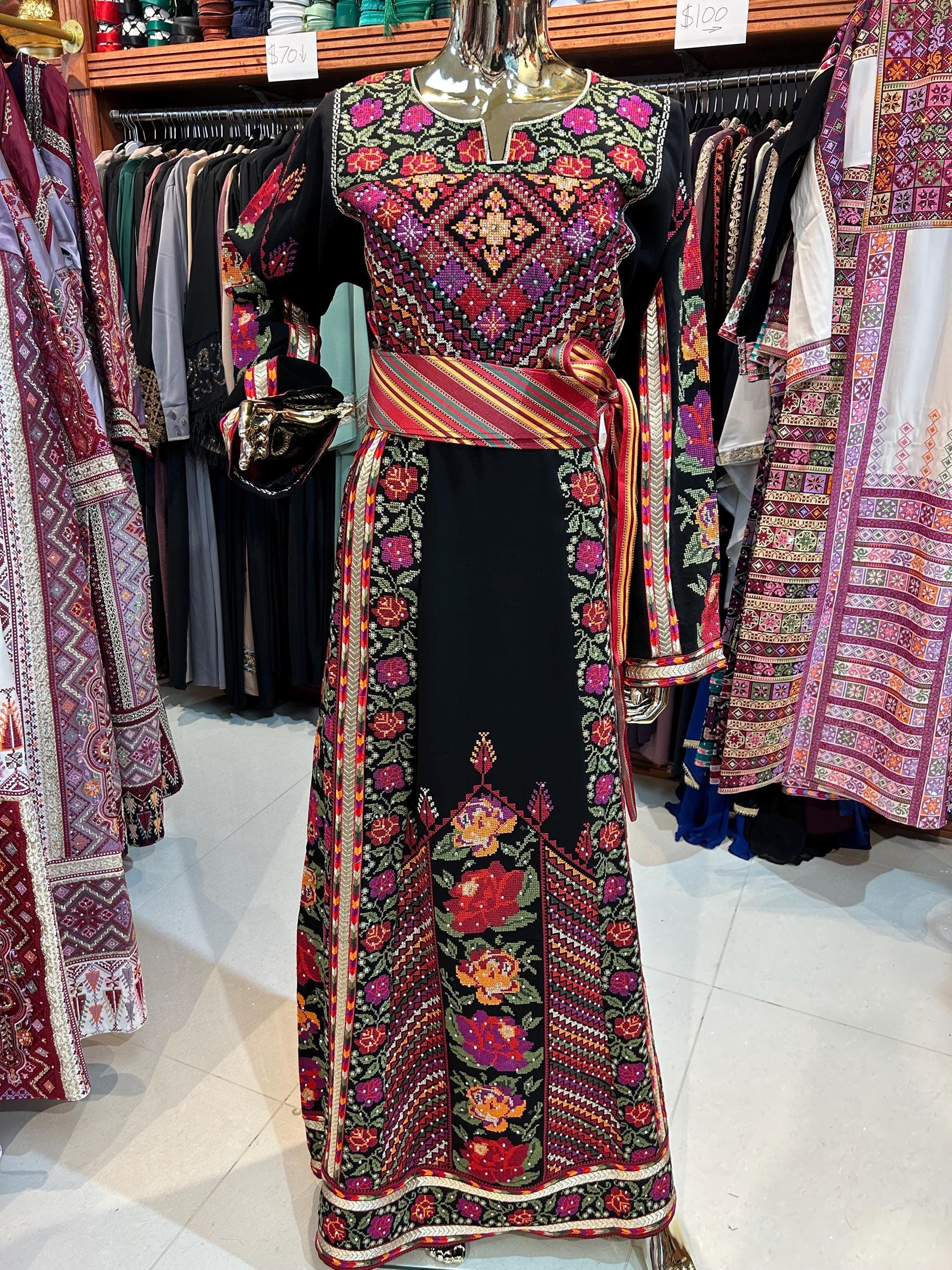 Elegant Black Rose Embroidered Thobe | Traditional Dress
