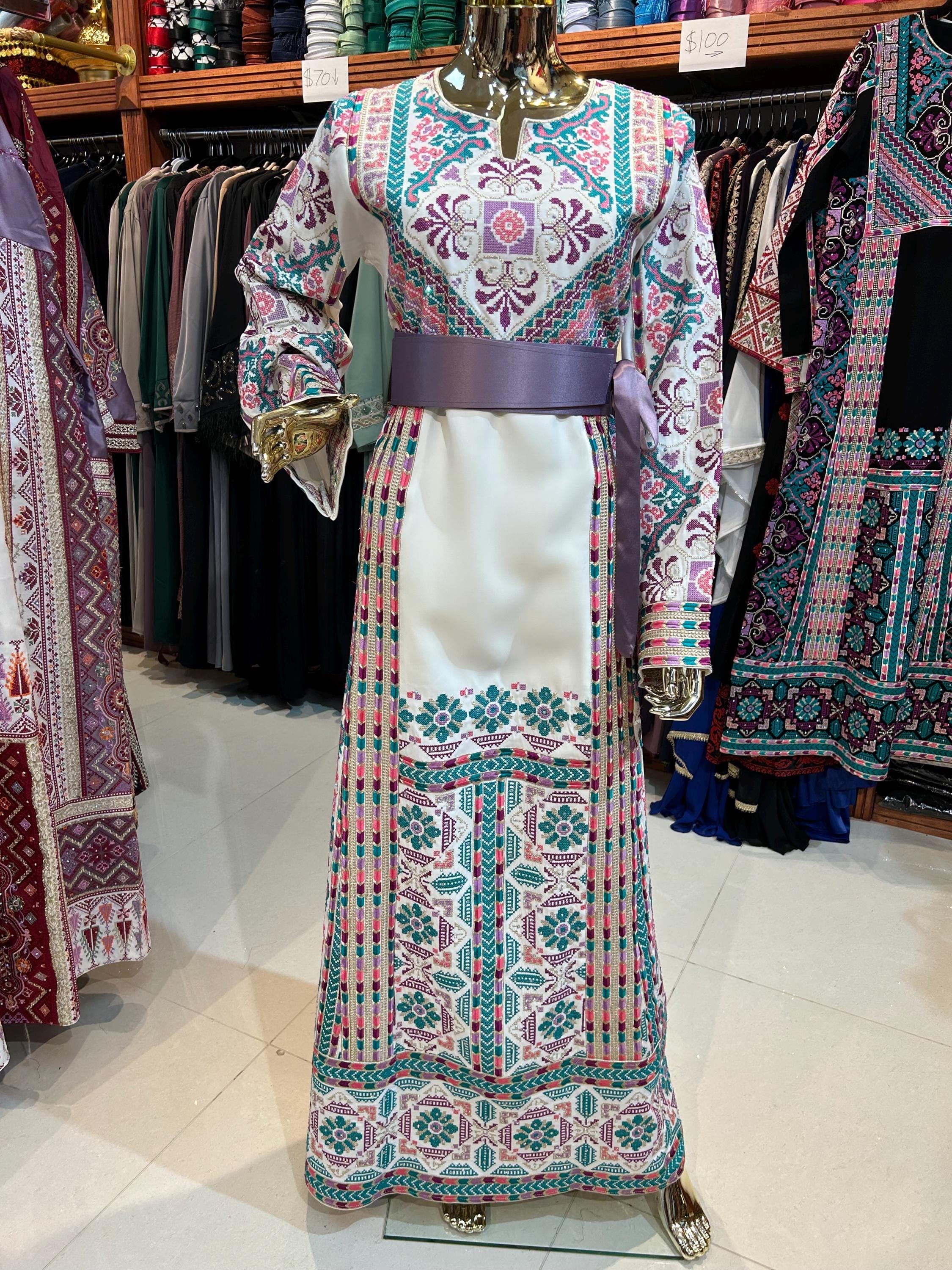 Elegant Embroidered Thobe | White & Blue, Cultural Dress