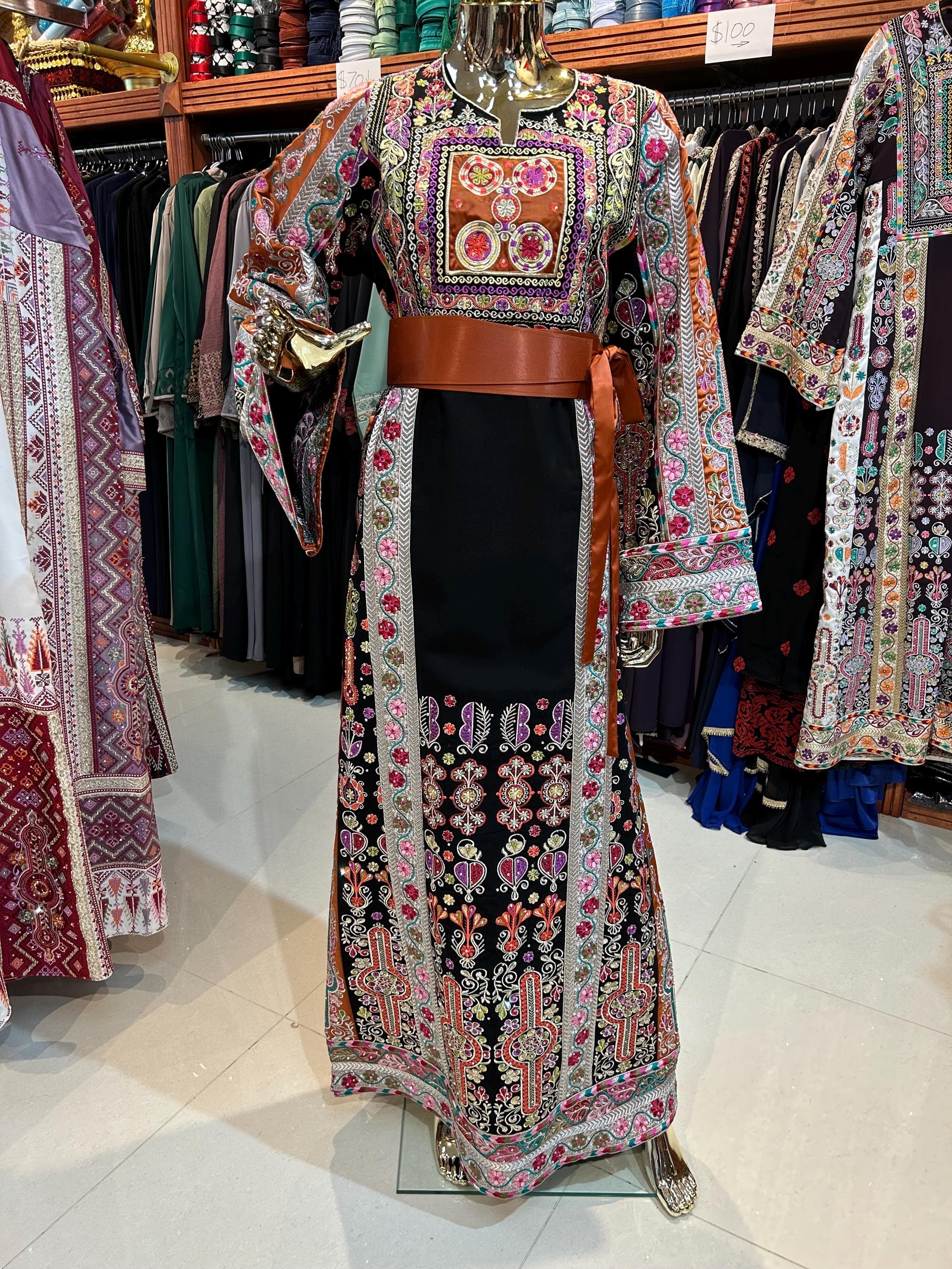 Elegant Black & Orange Malaka Thobe | Traditional Embroidered Dress