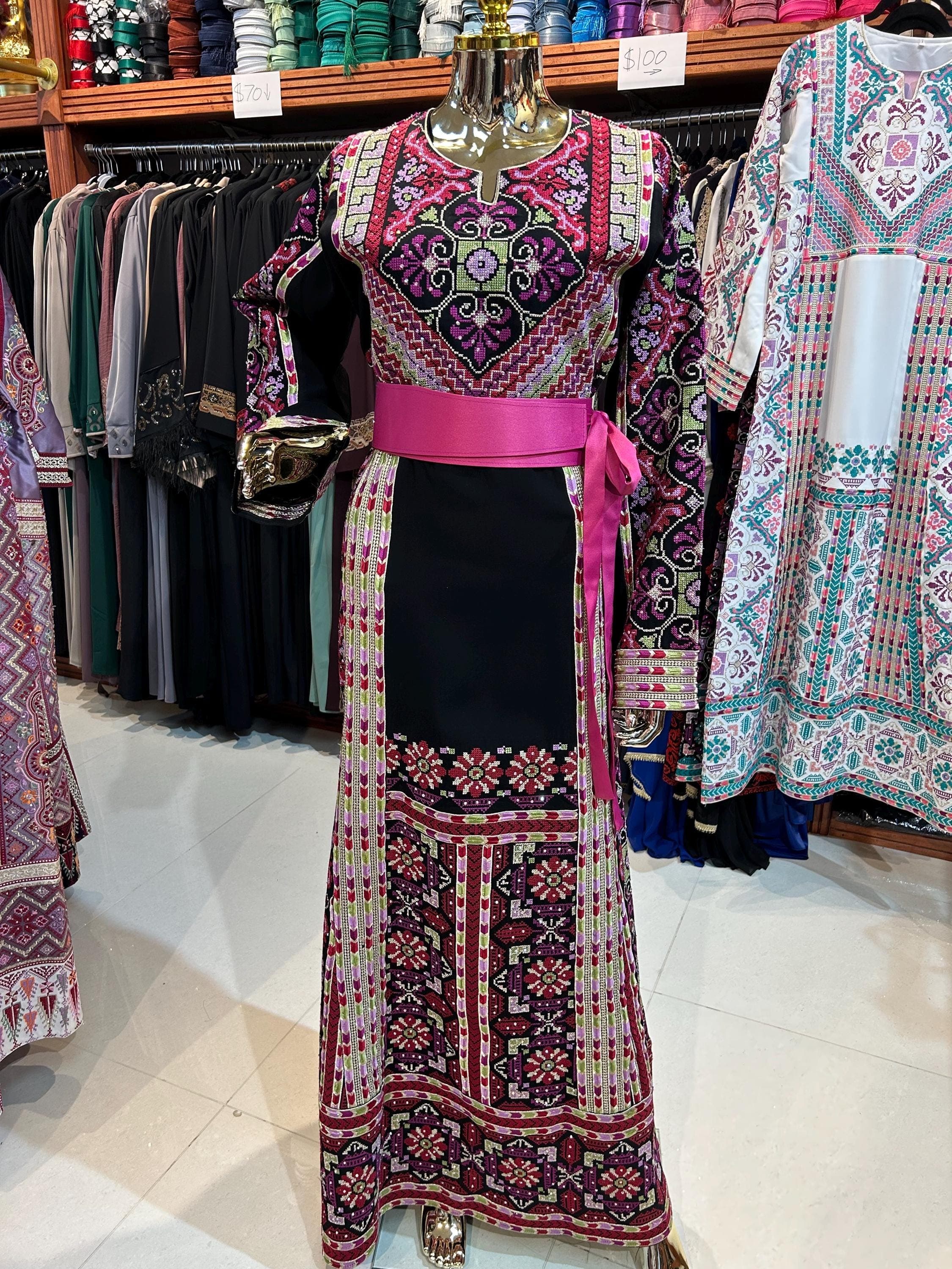 Black & Pink Embroidered Thobe | Modern Palestinian Dress