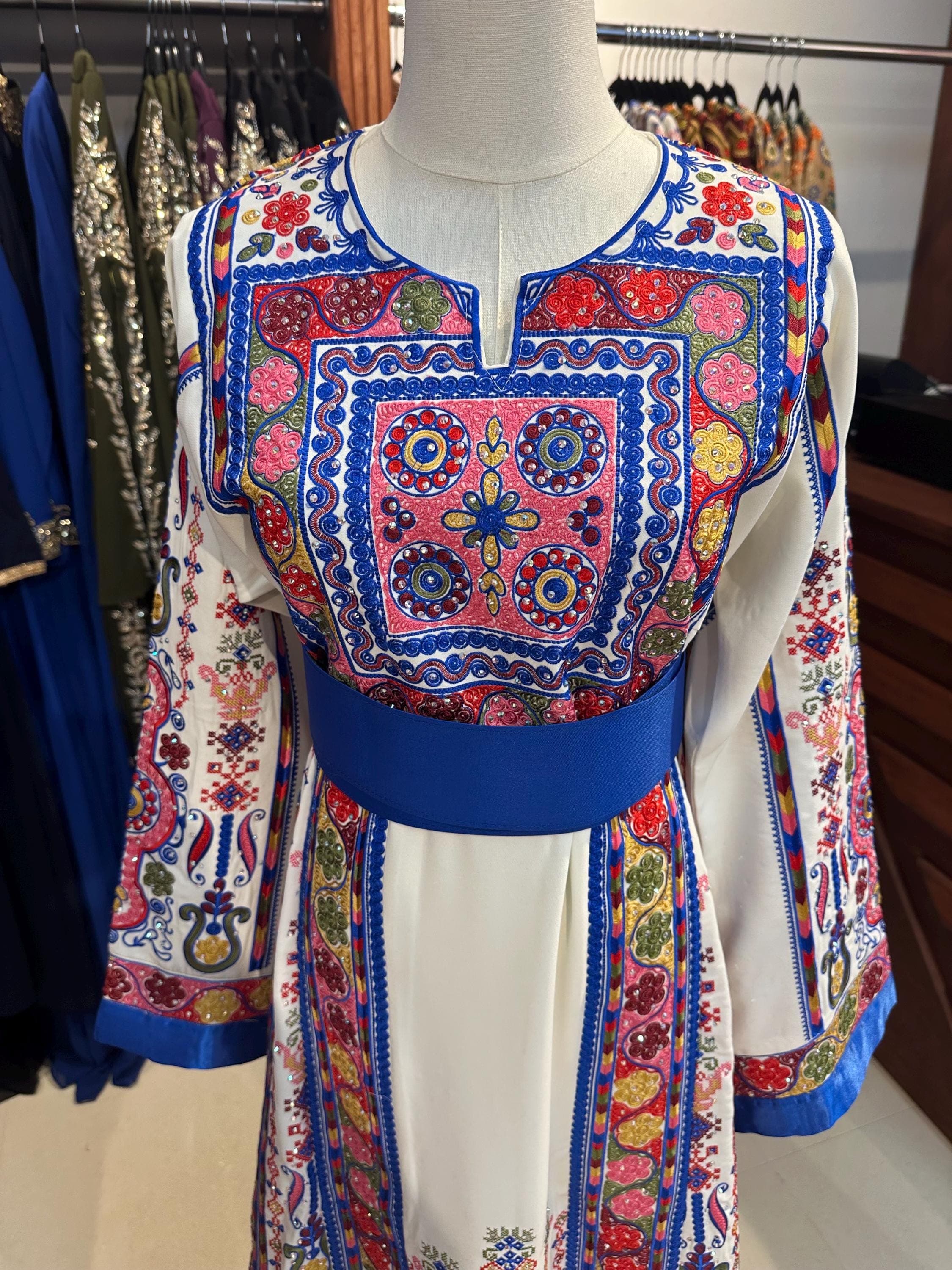 Blue Palestinian Malaka Thobe: Rhinestone Wedding Dress