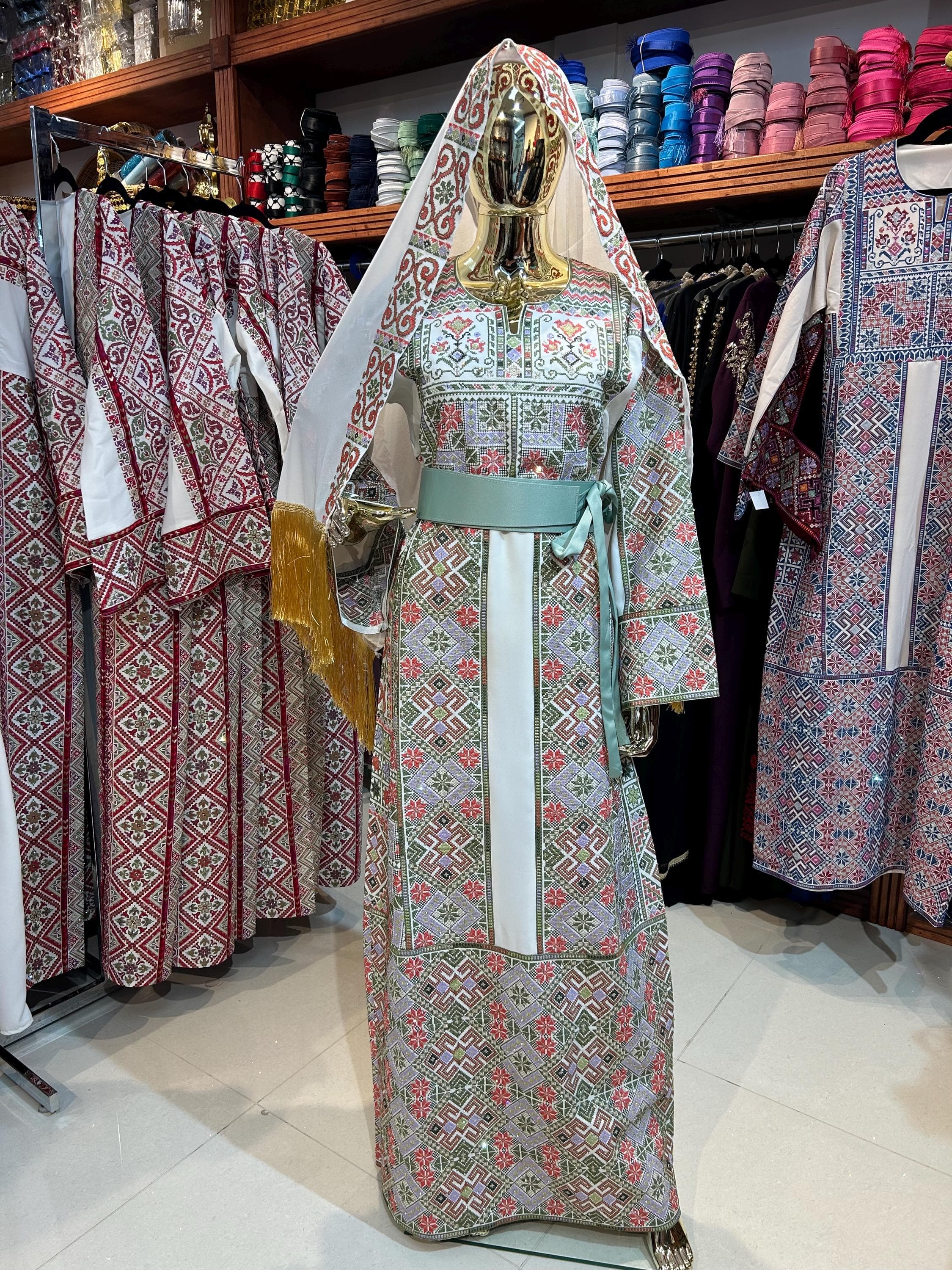 Elegant Light Green Palestinian Thobe | Embroidered Dress