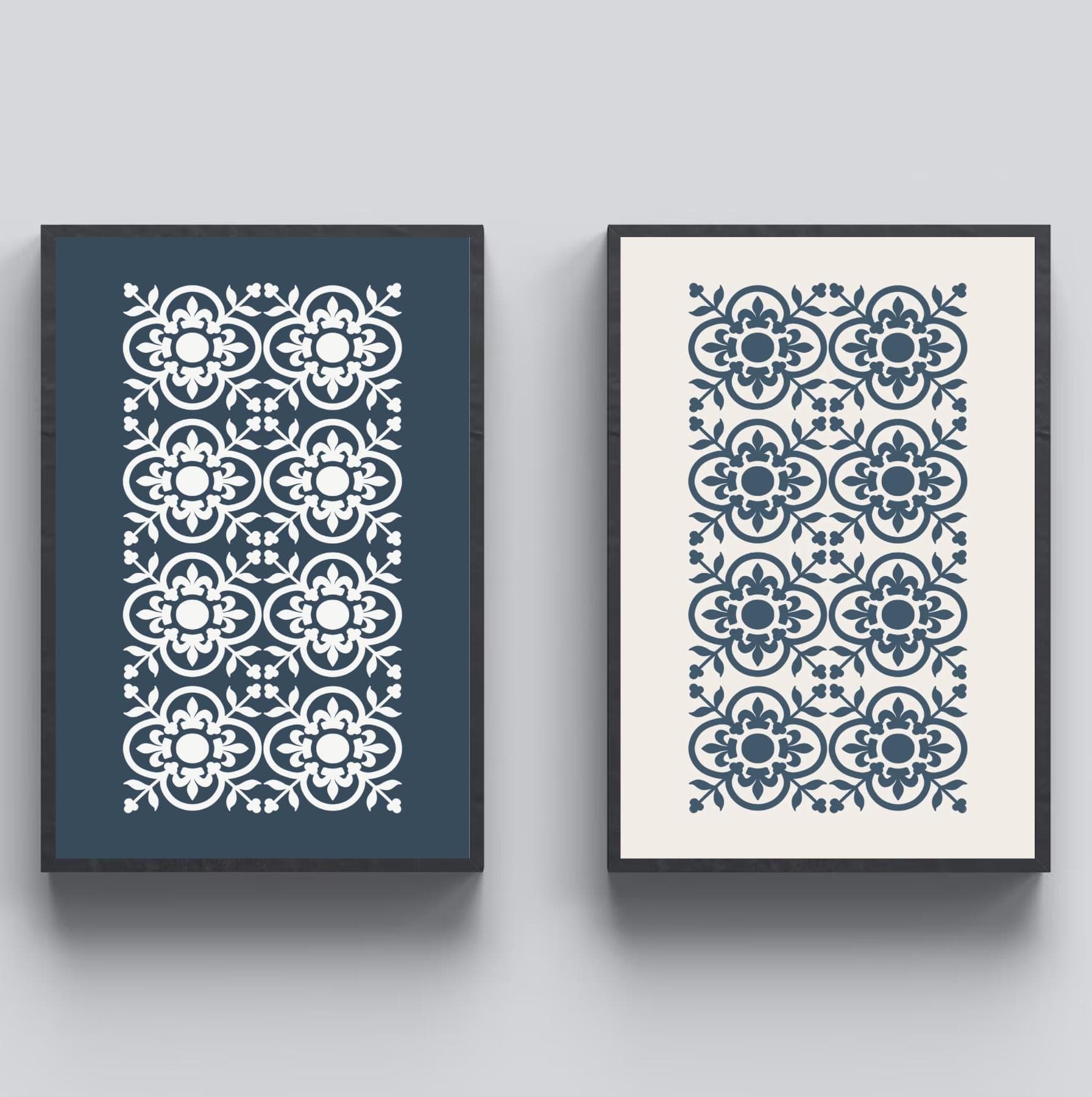 Blue Moroccan Pattern Prints: Boho Minimal Wall Art (Set of 2) (Digital Download)