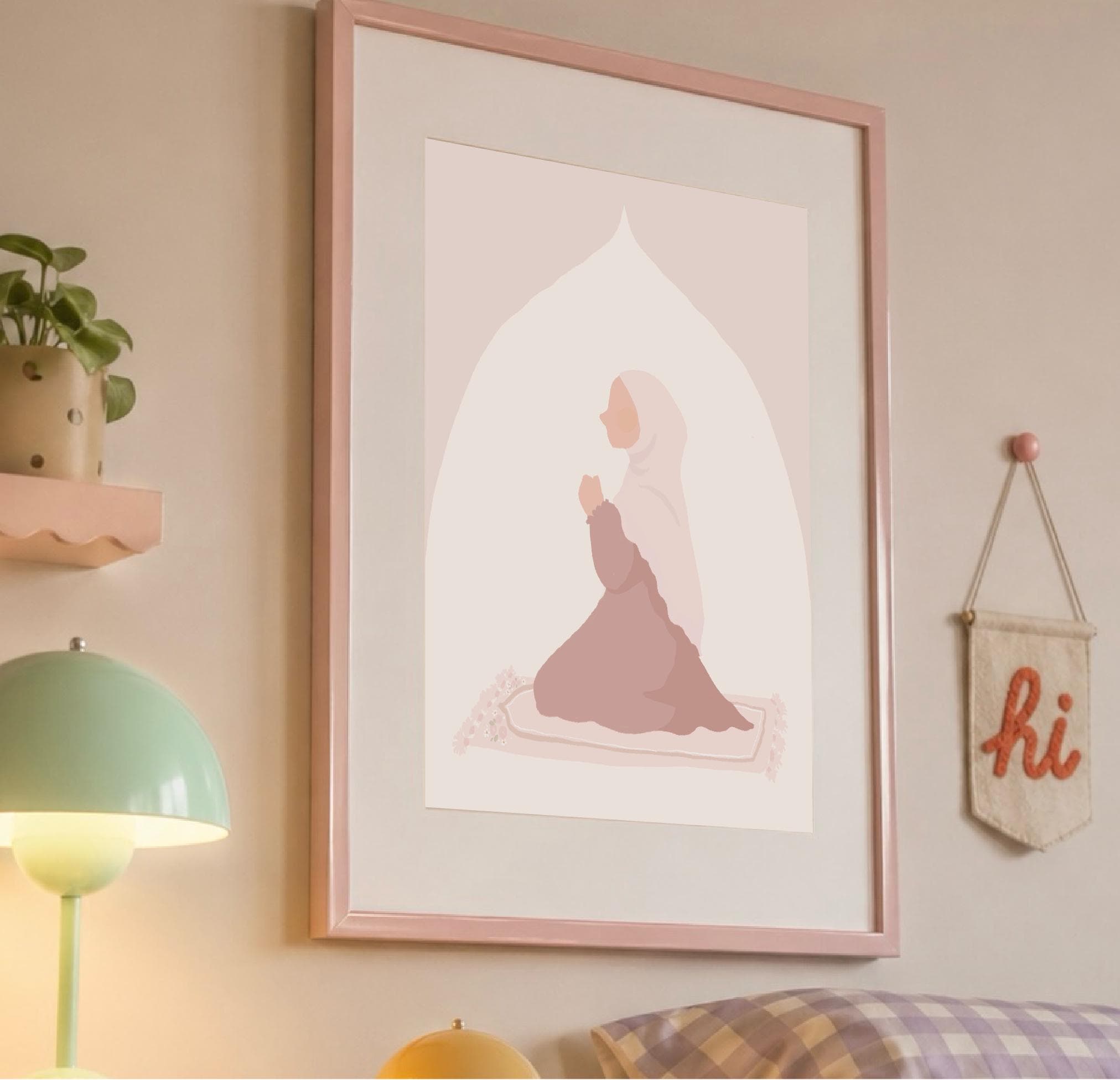 Pink Hijabi Dua Print: Minimalist Islamic Art, Pastel Decor (Digital Download)
