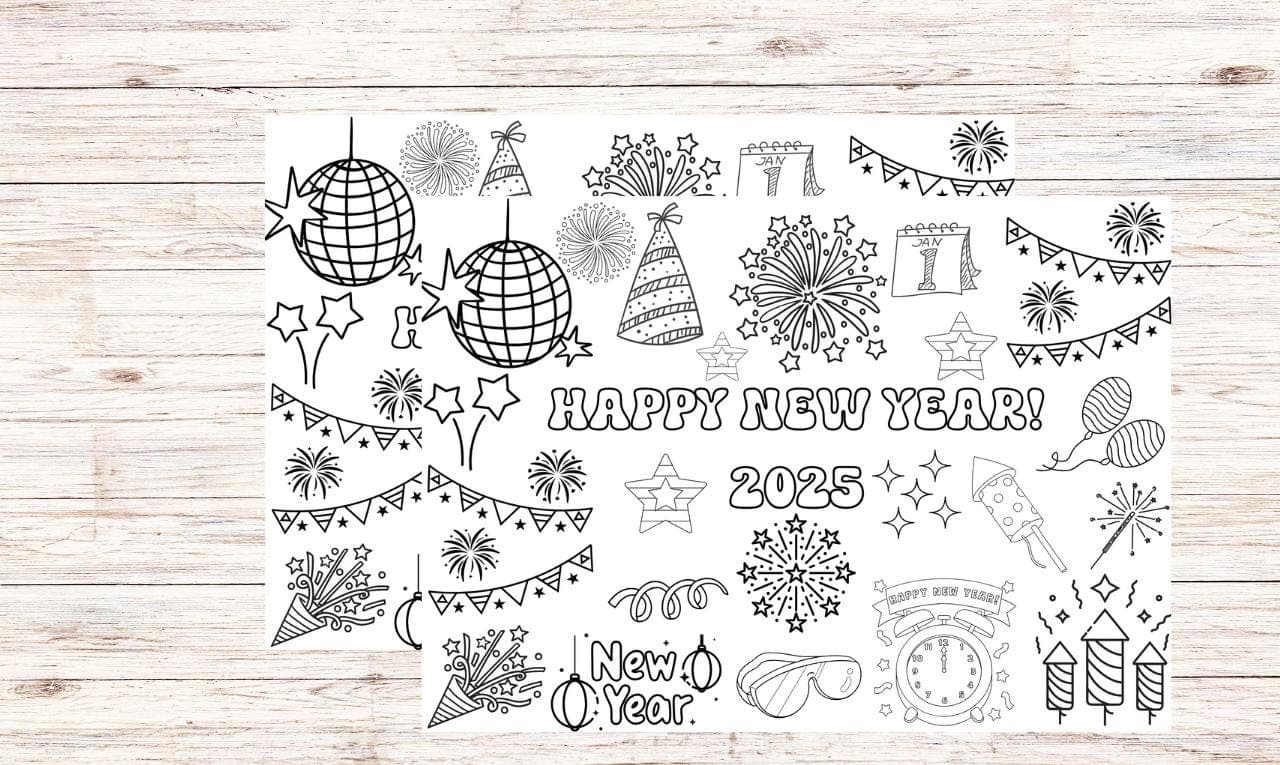 New Year 2025 Coloring Page, Kids Coloring Activity, Printable Coloring Page, Festive New Year Activity, New Year’s Party for Kids, 2025 Celebration, Creative Kids Activity, Coloring Sheet Download, Holiday Coloring Fun