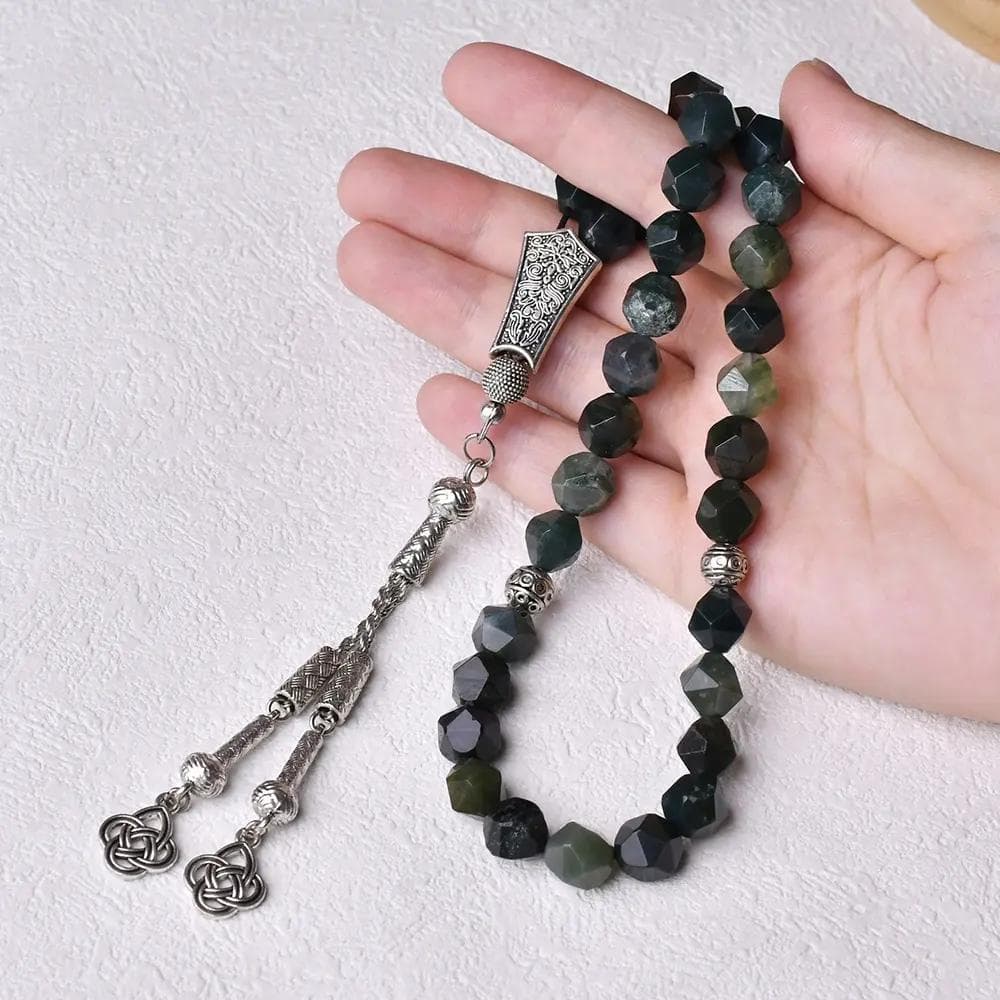 The Tranquil Misbaha: Natural Moss Agate - 33 Beads, 10mm- Islamic Tasbih - Gift Luxury Packaging, Authentic Gemstone Tasbeeh Bead