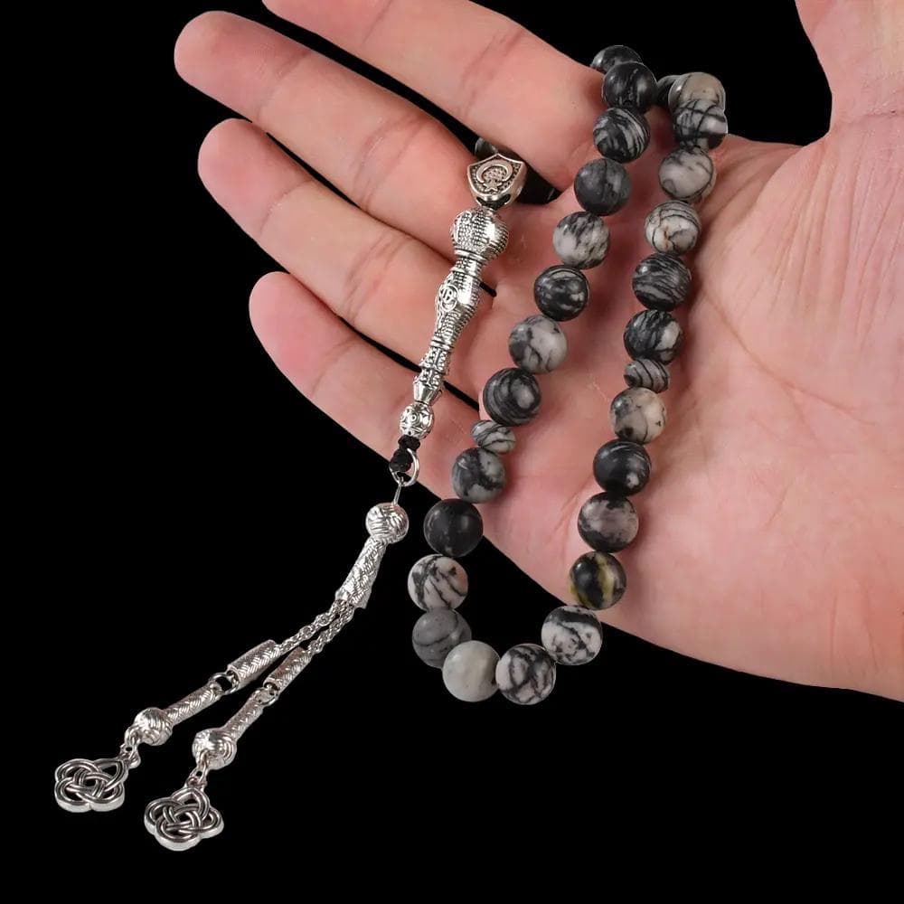 The Seeker’s Misbaha: Black Network Stone - 33 Beads, 10mm - Islamic Tasbih - Luxury Packaging For Gifting, Authentic Gemstone Tasbeeh Bead