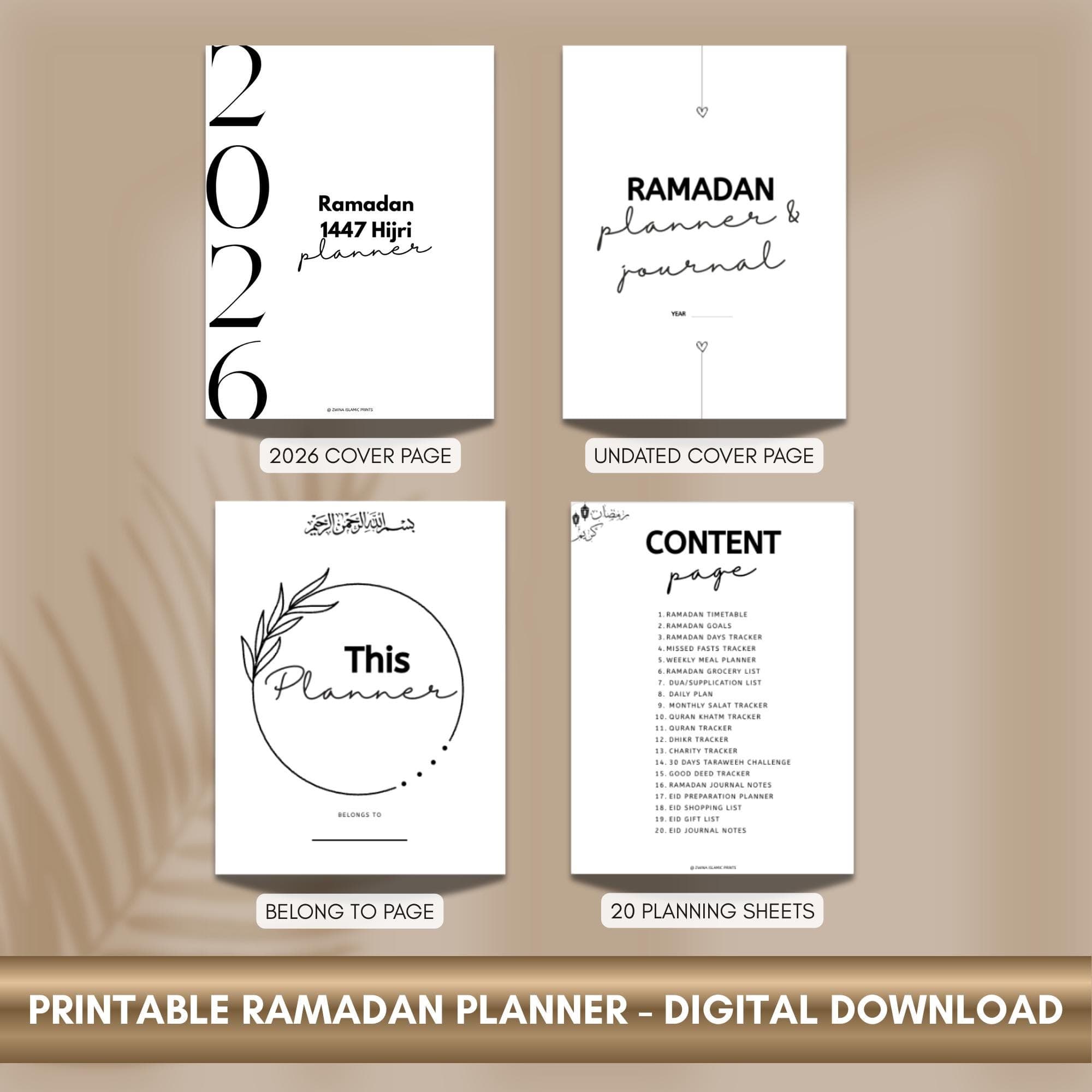 Printable Ramadan Planner and Journal 2026 — minimalist black and white Islamic planning sheets including Ramadan goals, fasting tracker, Quran tracker, prayer tracker, dua list, meal planner, grocery list, charity tracker, Taraweeh tracker, and Eid preparation pages. Undated A4 and 8.5x11 Islamic planner PDF.