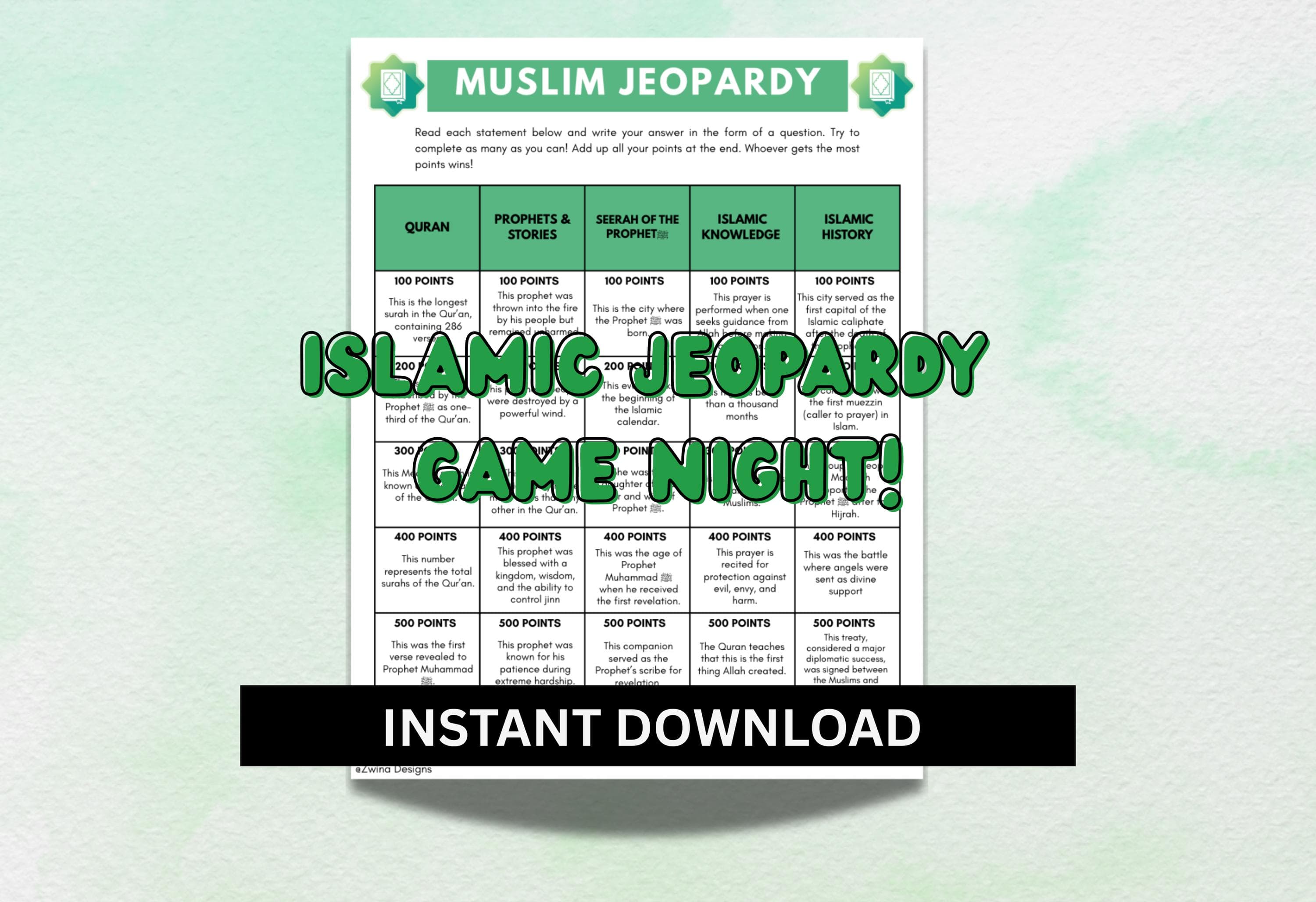 Islamic Jeopardy Game | Fun Ramadan Activity for Kids and Adults | Islamic Printable | Digital Download.