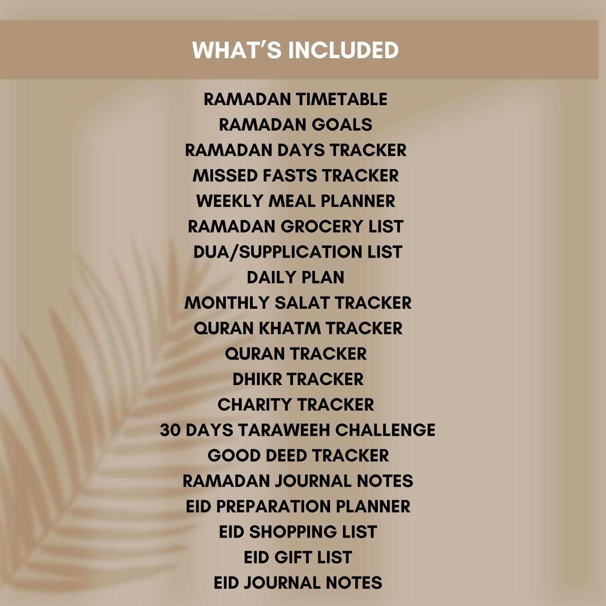 Printable Ramadan Planner and Journal 2026 — minimalist black and white Islamic planning sheets including Ramadan goals, fasting tracker, Quran tracker, prayer tracker, dua list, meal planner, grocery list, charity tracker, Taraweeh tracker, and Eid preparation pages. Undated A4 and 8.5x11 Islamic planner PDF.