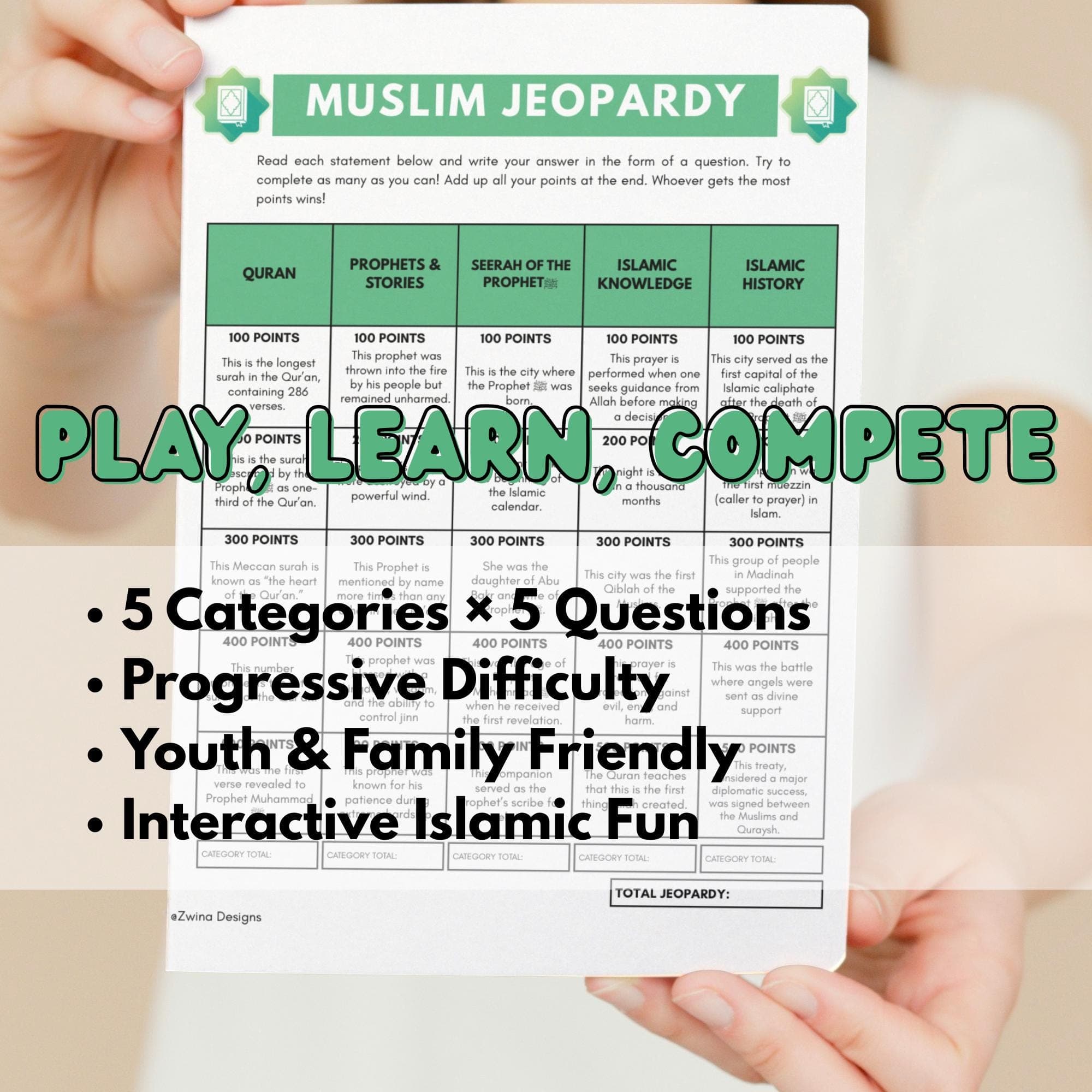 Islamic Jeopardy Game | Fun Ramadan Activity for Kids and Adults | Islamic Printable | Digital Download. - image 4