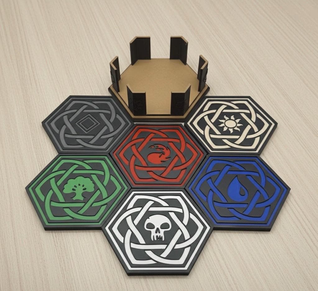 MTG Coaster Set of 6 with Holder - Magic the Gathering Inspired Mana Symbols Drink Coasters - Celtic Knot Wood Decor - Gift for Gamers