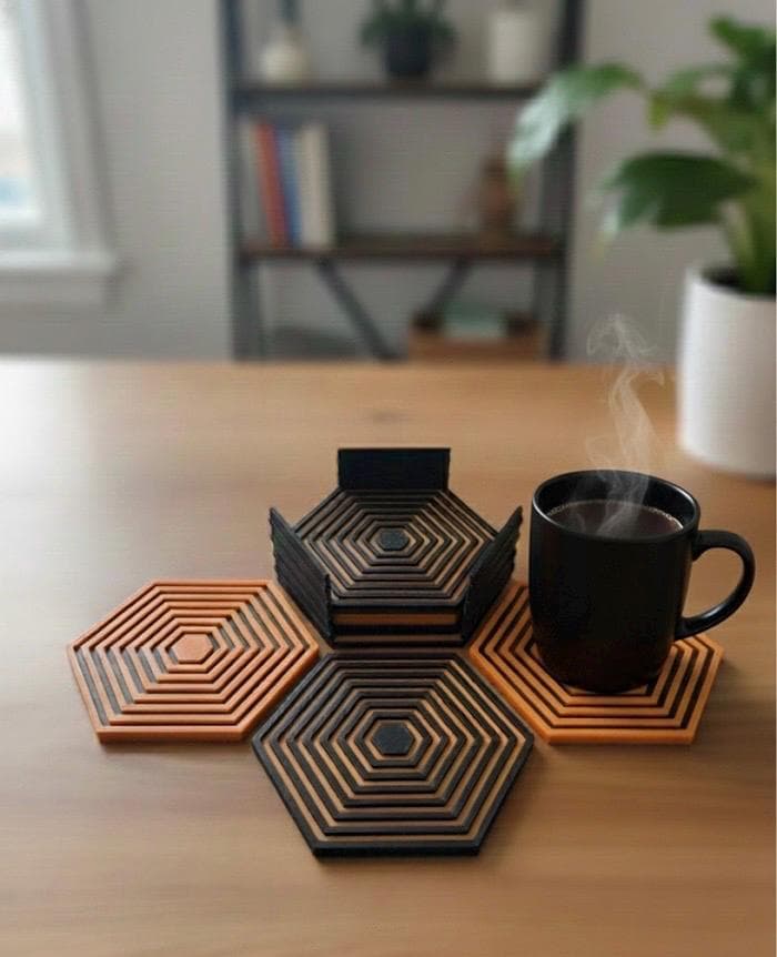 Unique Hexagon Coaster Set | Black & Orange Modern Coasters | Minimalist Drinkware for Coffee Table | Stylish Housewarming Gift