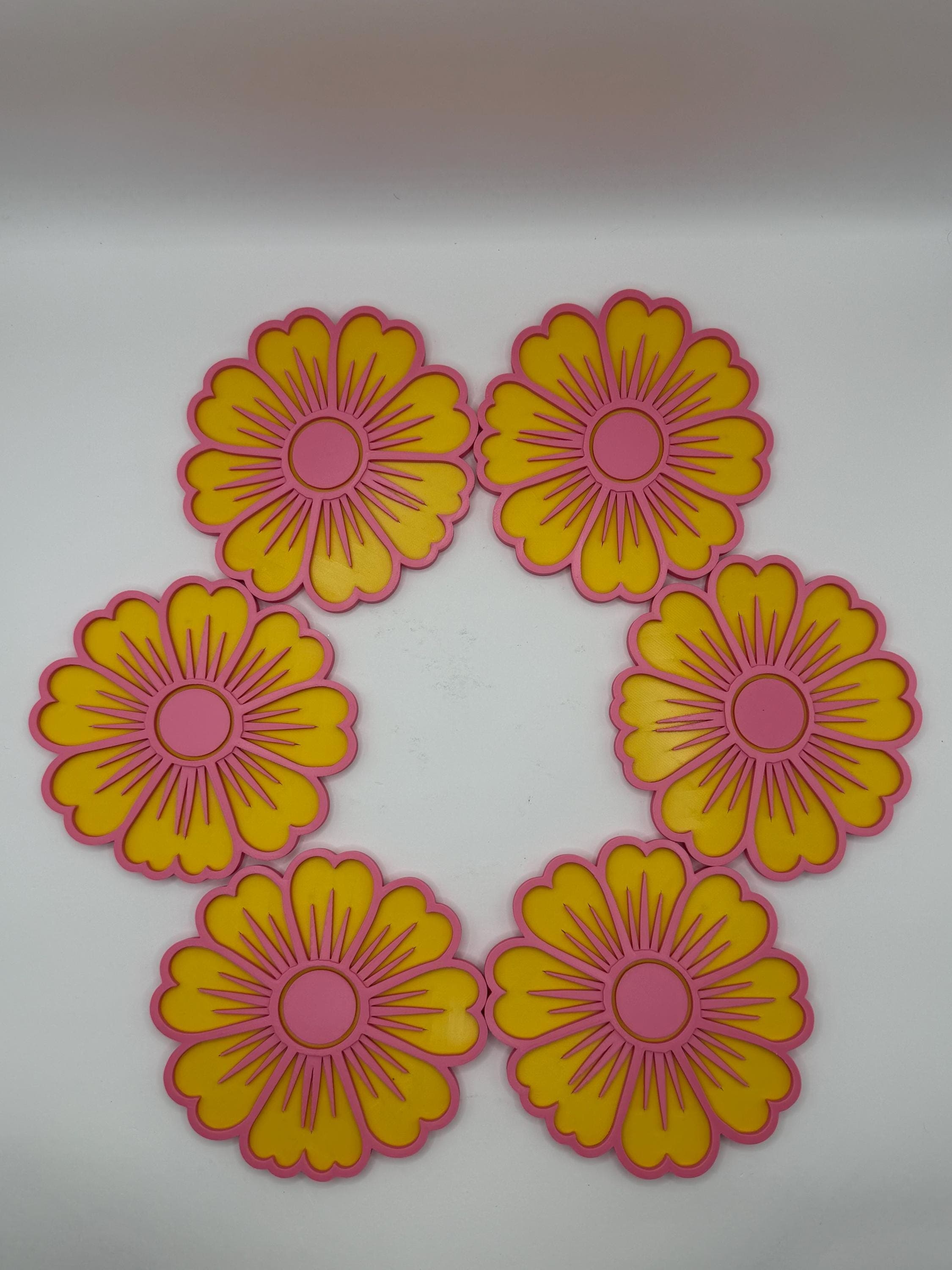 Flower Coasters for Drinks - 3D Printed Floral Coasters Set of 6 with Holder - Modern Pink and Yellow Table Decor - Unique Housewarming - image 3
