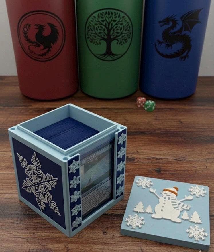 MTG EDH Deck Box | Frost Winter Snowman Theme Deck Box Commander Showcase Display Slot with Toploader | Magnetic Top Gaming Cards Organizer